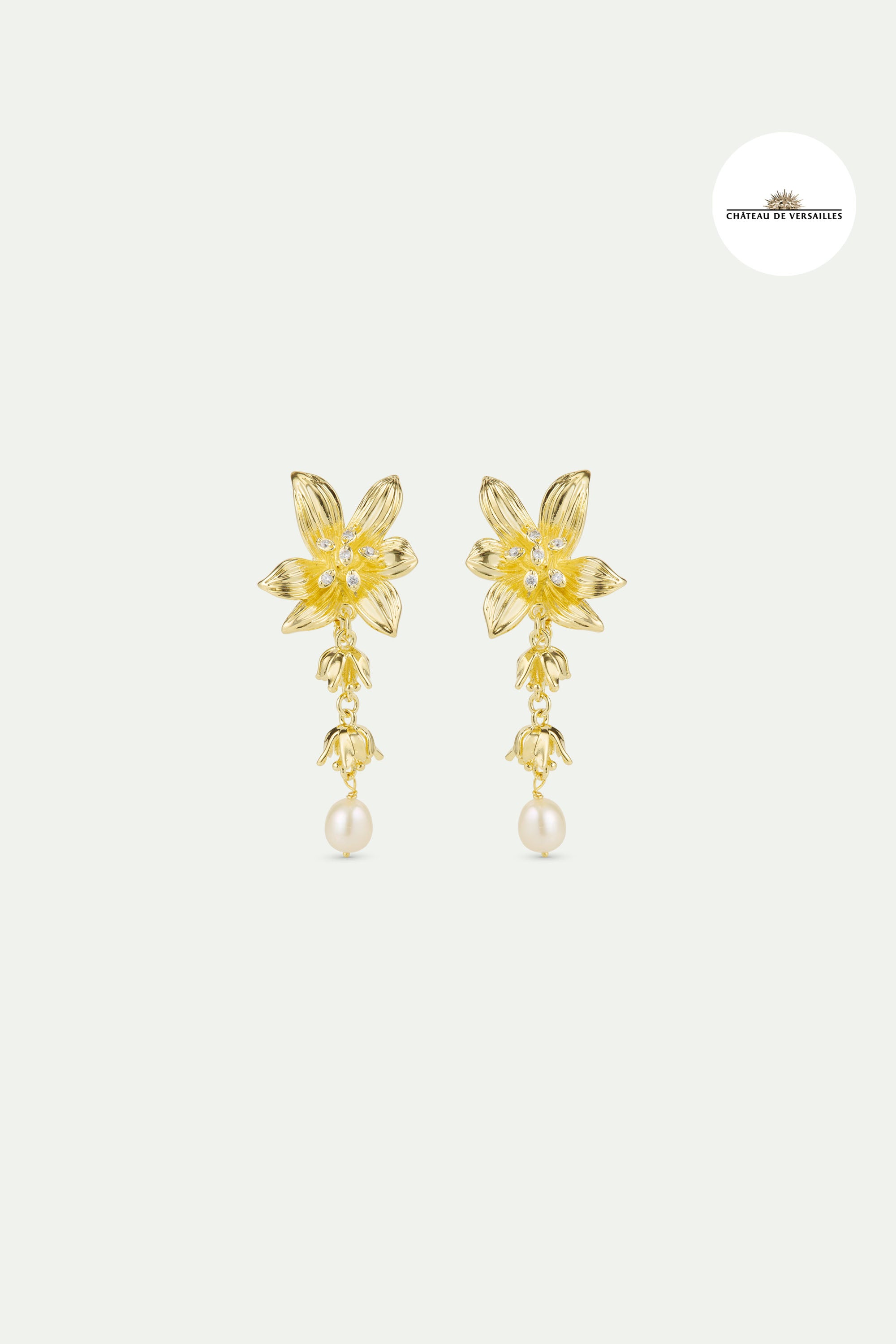 Lily flower and cultured pearl golden dangle earrings