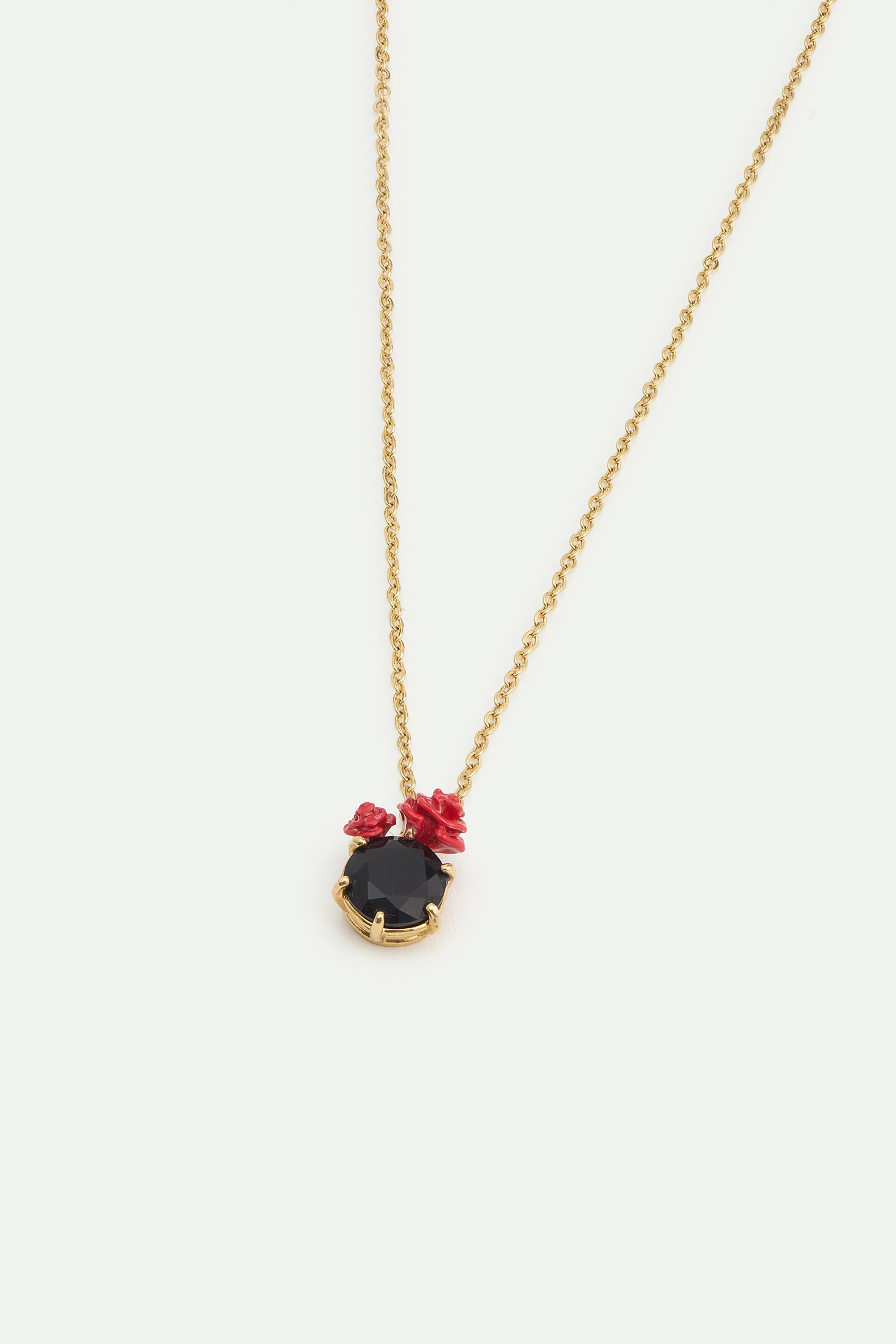 Black faceted stone and red rose pendant necklace