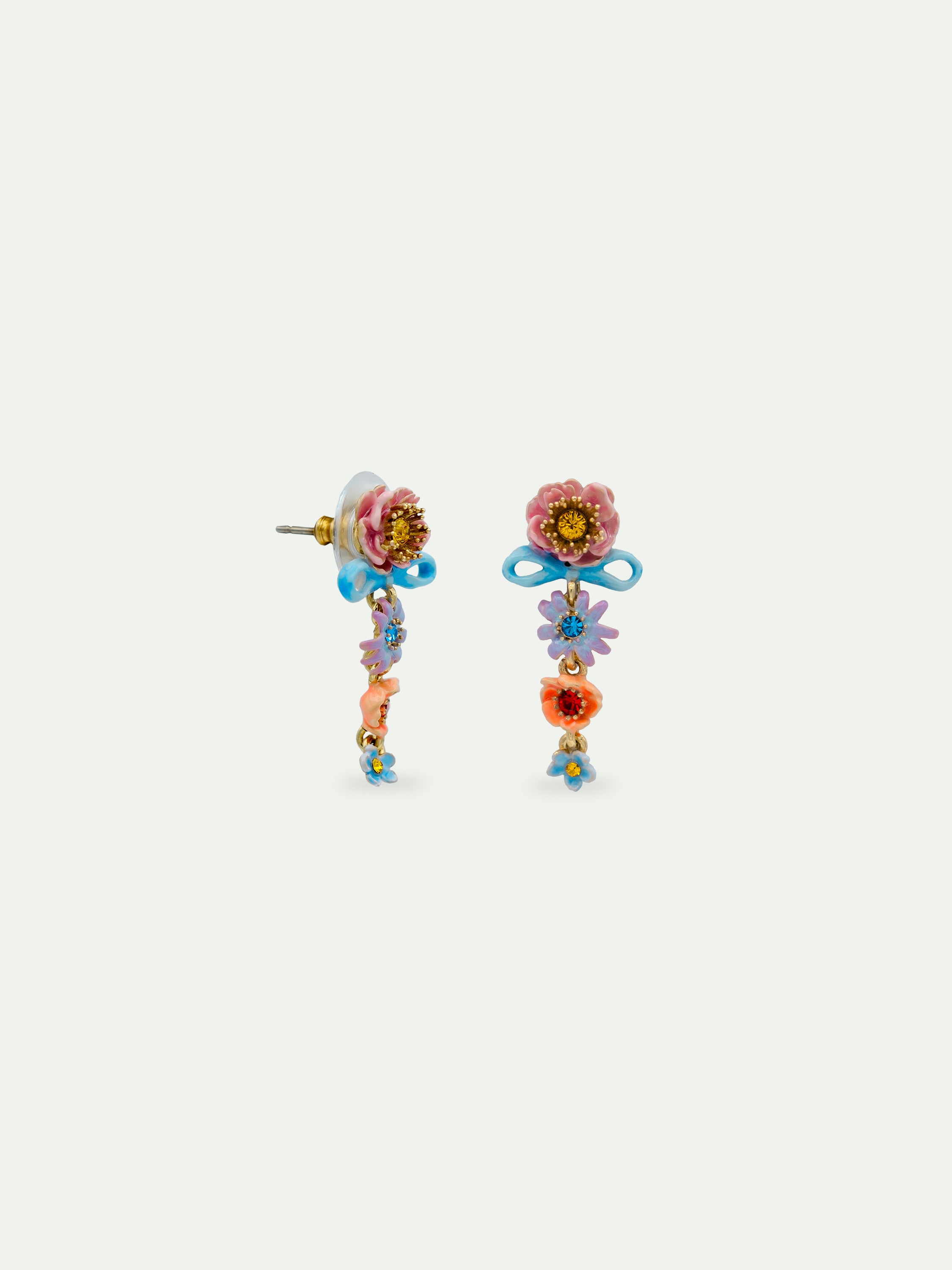Pink and blue flowers and fine ribbon dangle earrings