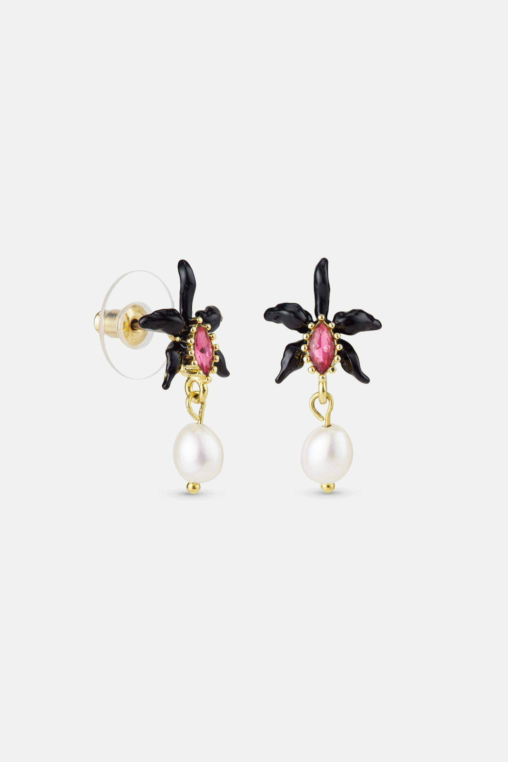 Dangle earrings with black orchid, faceted pink crystal and cultured pearl