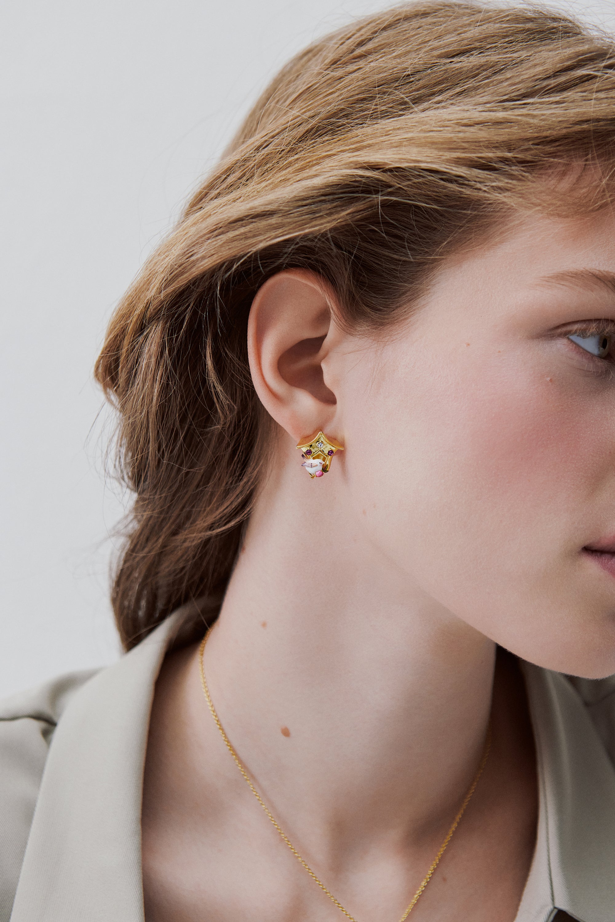 Birdhouse earrings, with snow bunting and pink crystals