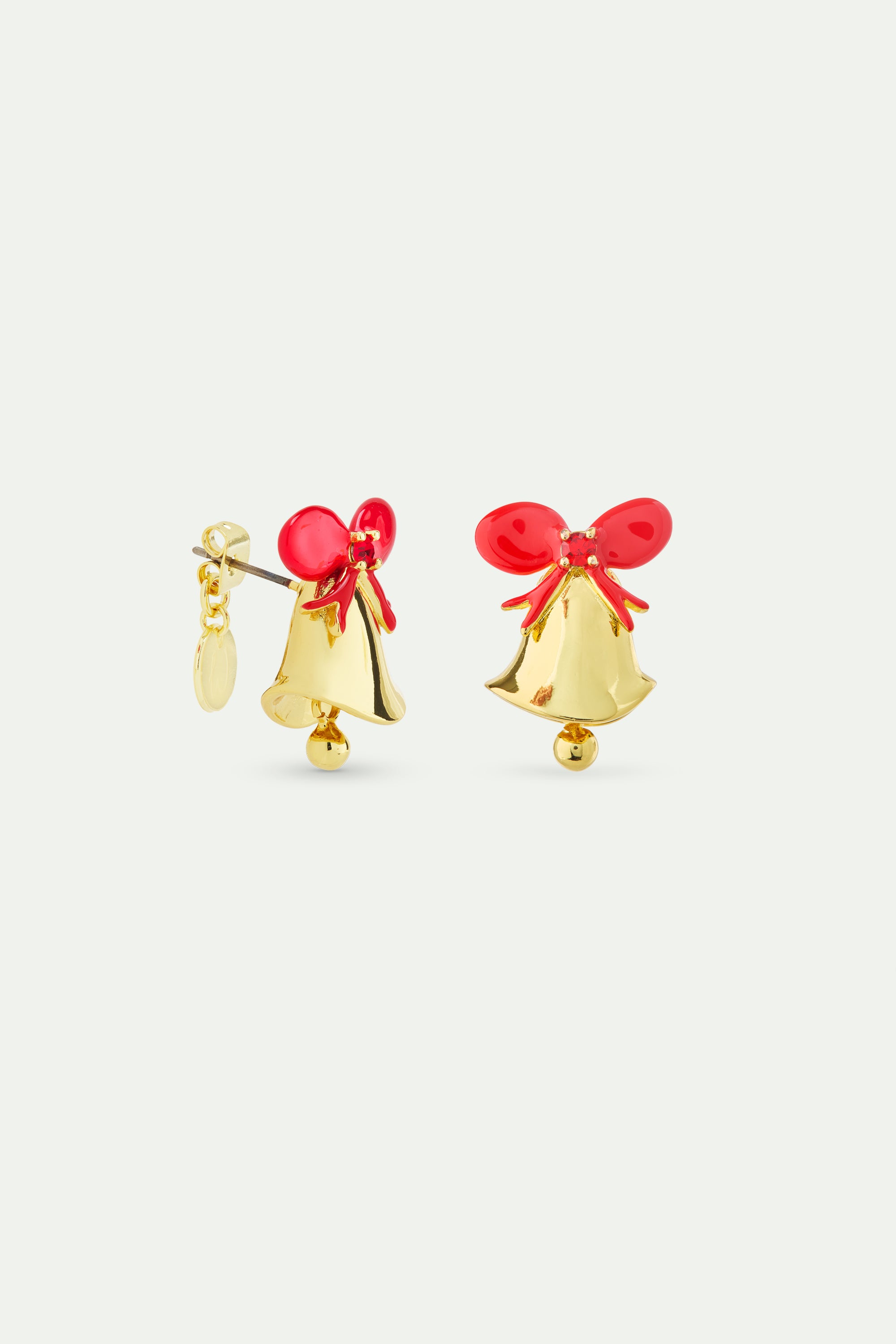Gold bell earrings, with red bow and faceted red stone