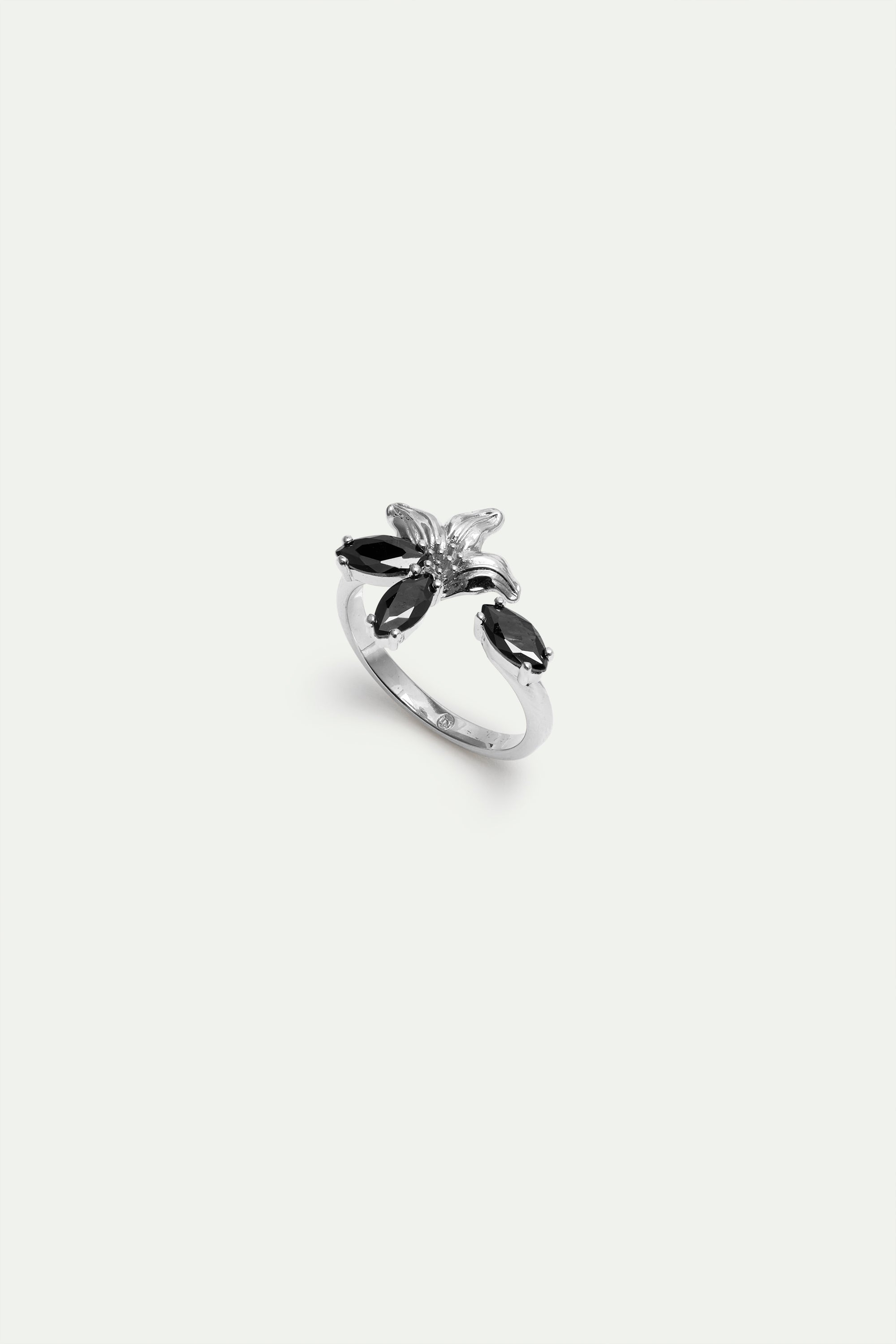 Silver lily and black stone adjustable ring