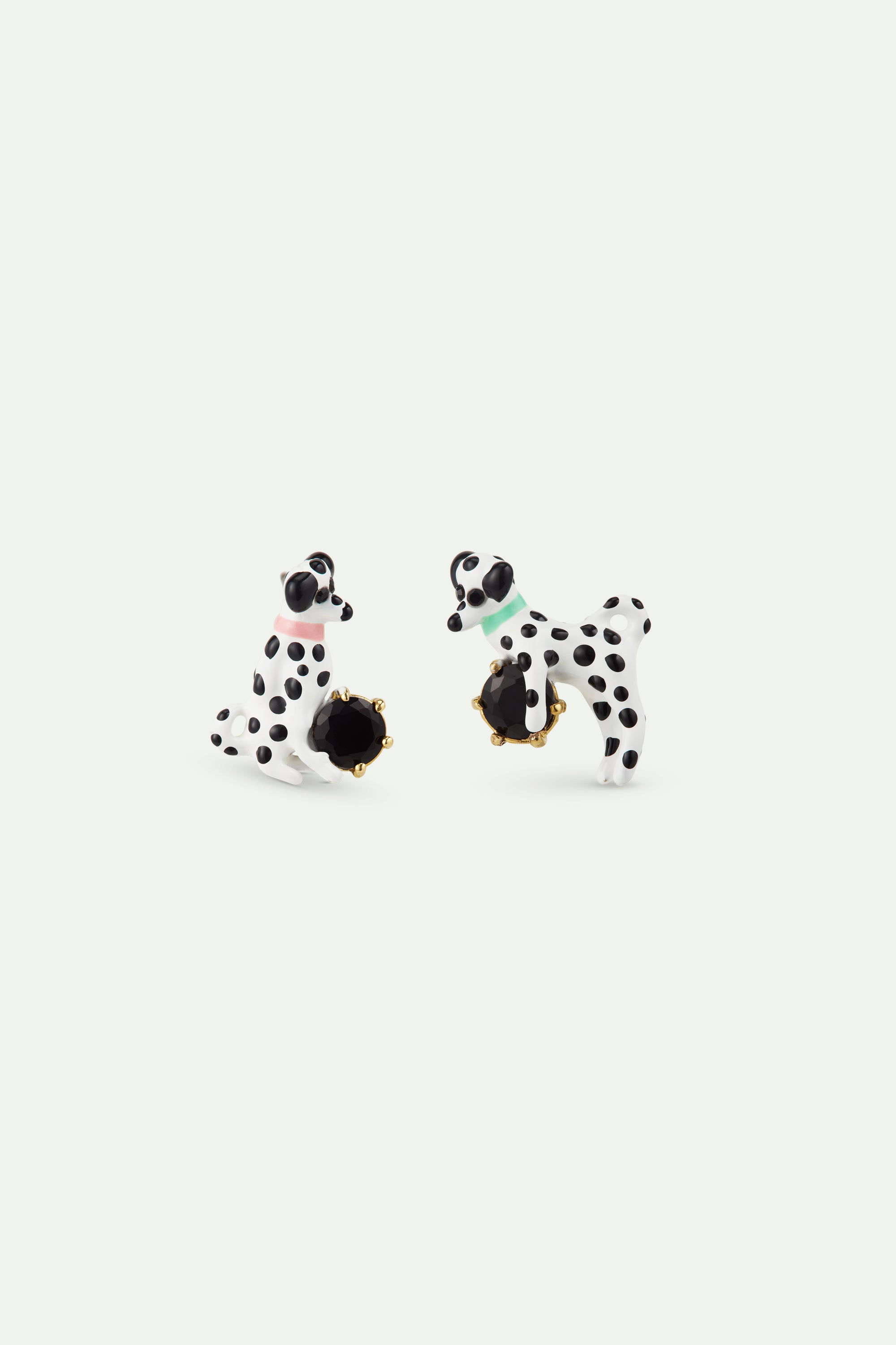 Asymmetrical post earrings with dalmatian and black round faceted stone