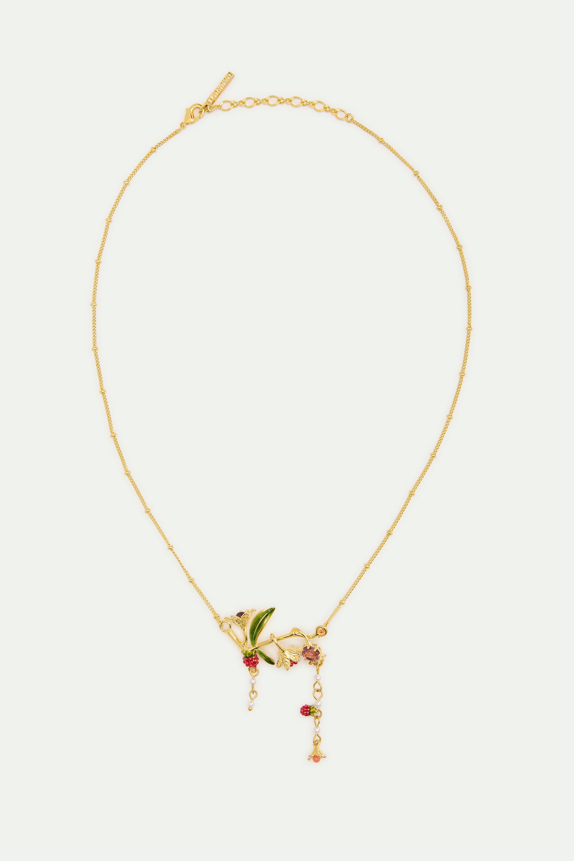 Statement necklace with flowers, raspberries, pink stone and pearls