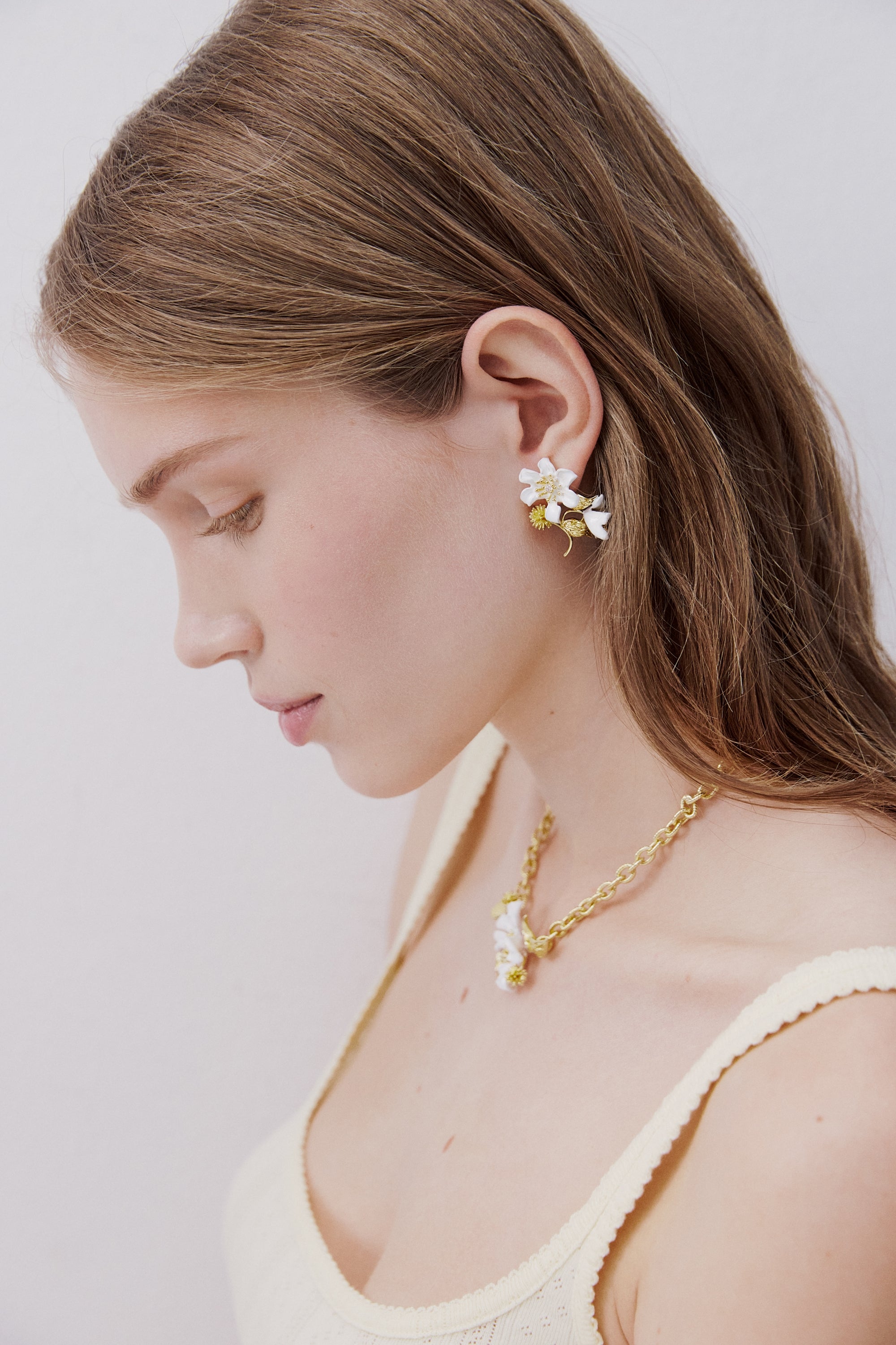 Large white clematis, laurel and japanese kerria earrings