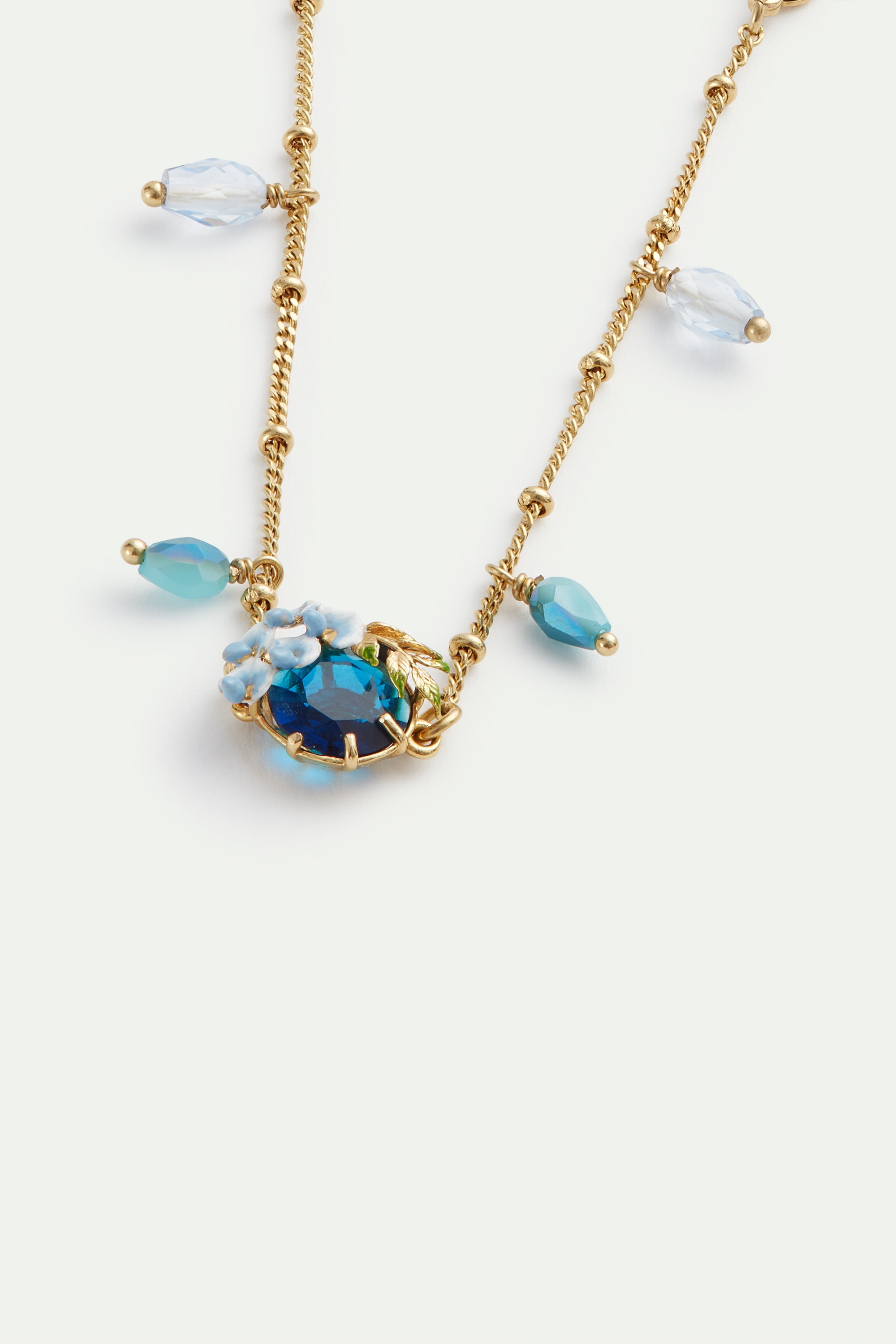 Pulsera fina de cristal facetado azul y flores de glicinia