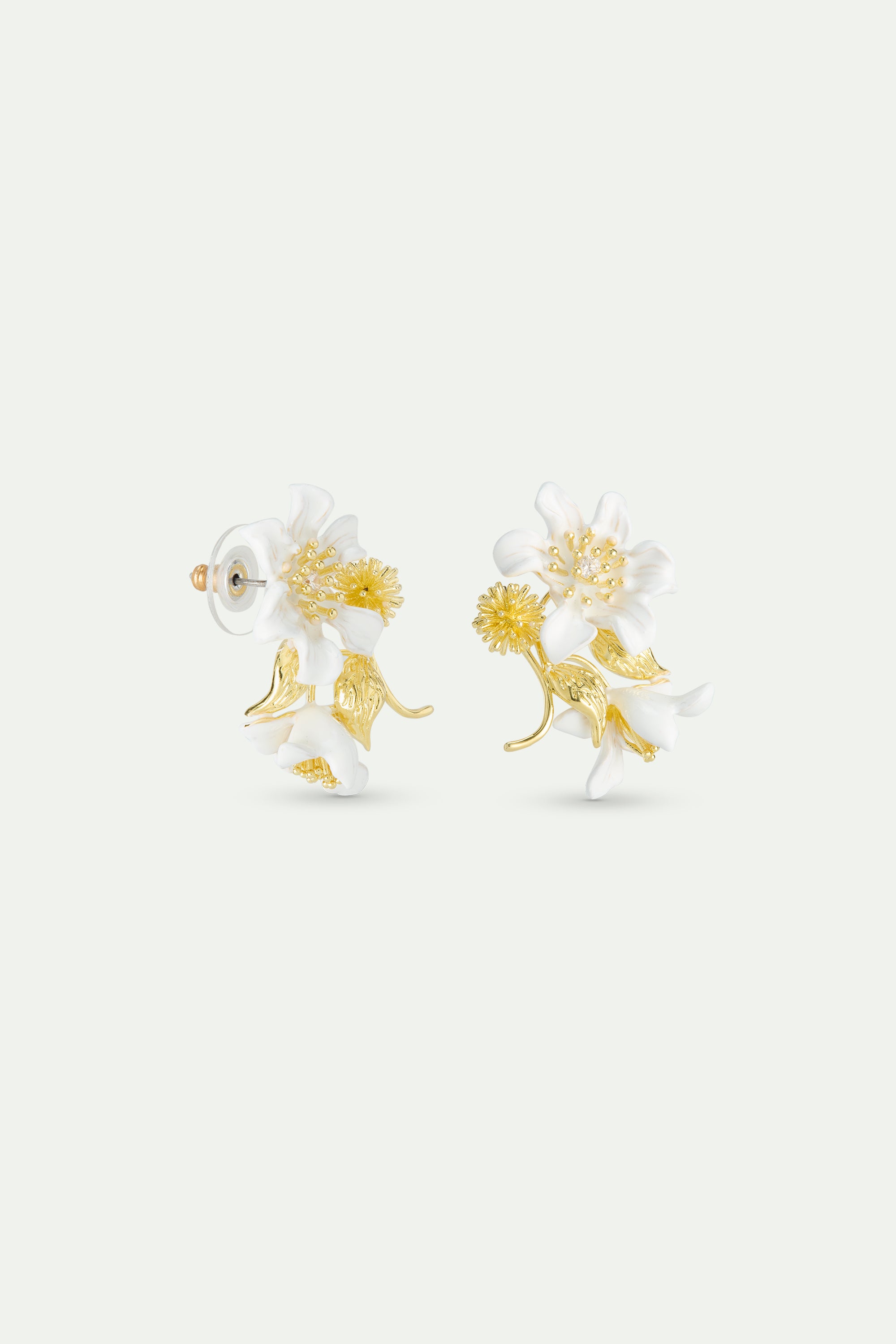 Large white clematis, laurel and japanese kerria earrings