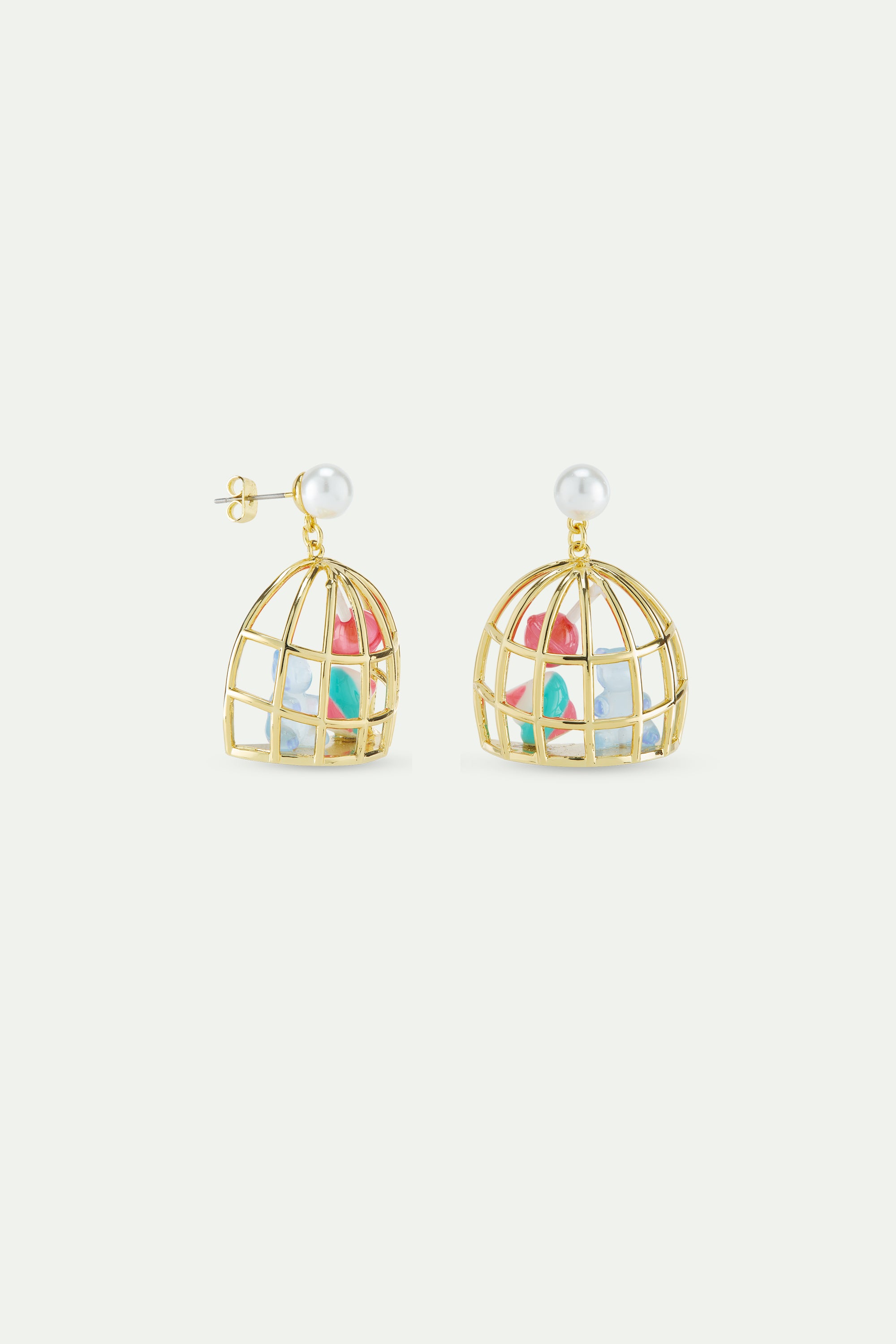 Gold cage earrings with blue teddy bear sweet, marshmallow and lollipop