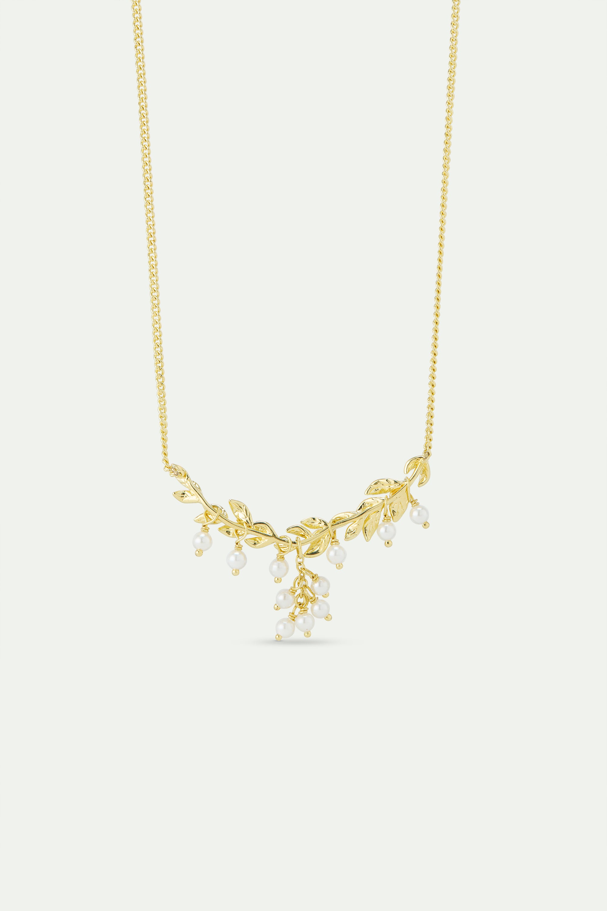 Gold and white statement necklace with laurel and cultured pearl