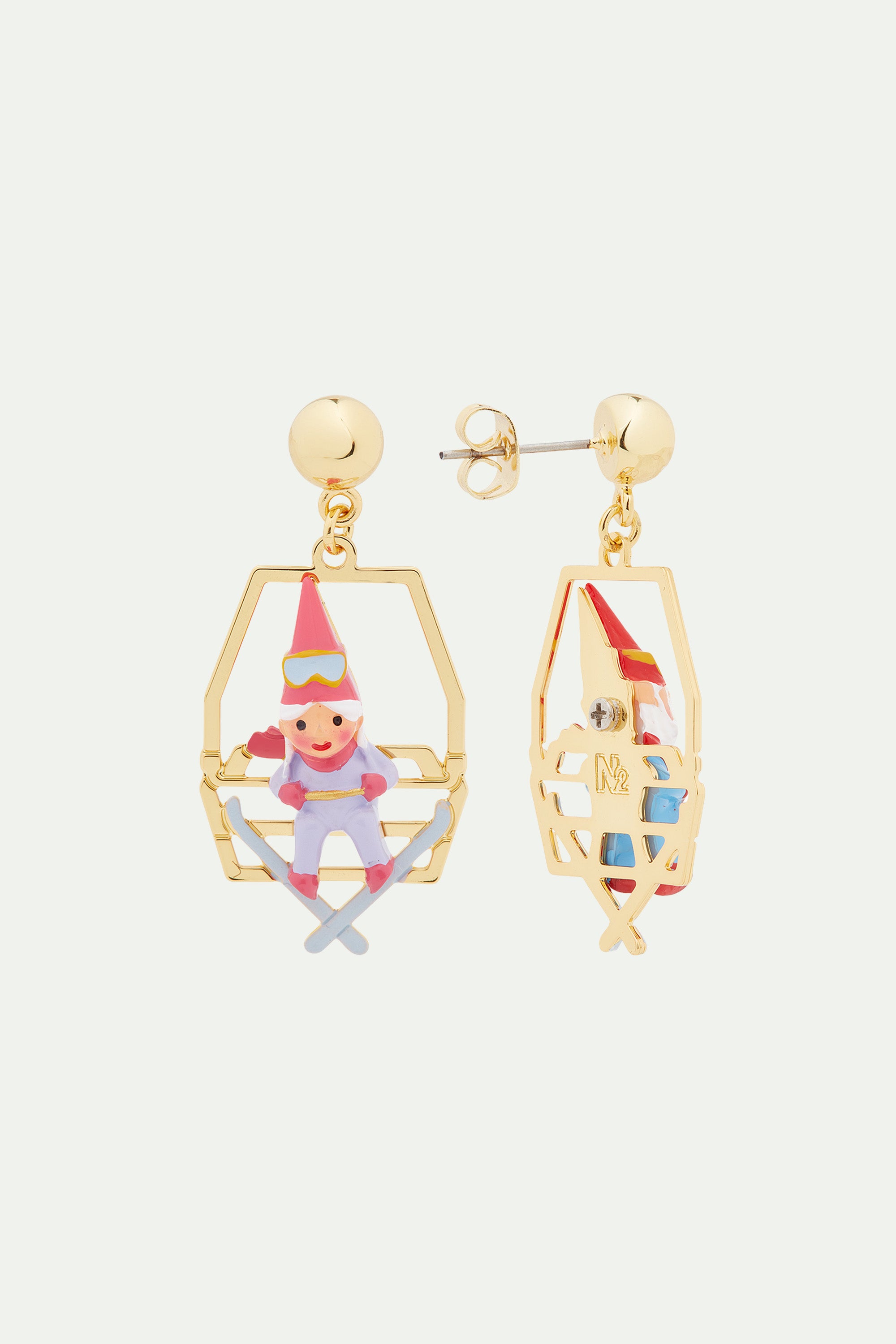 Garden gnomes sitting on chairlift clip-on earrings