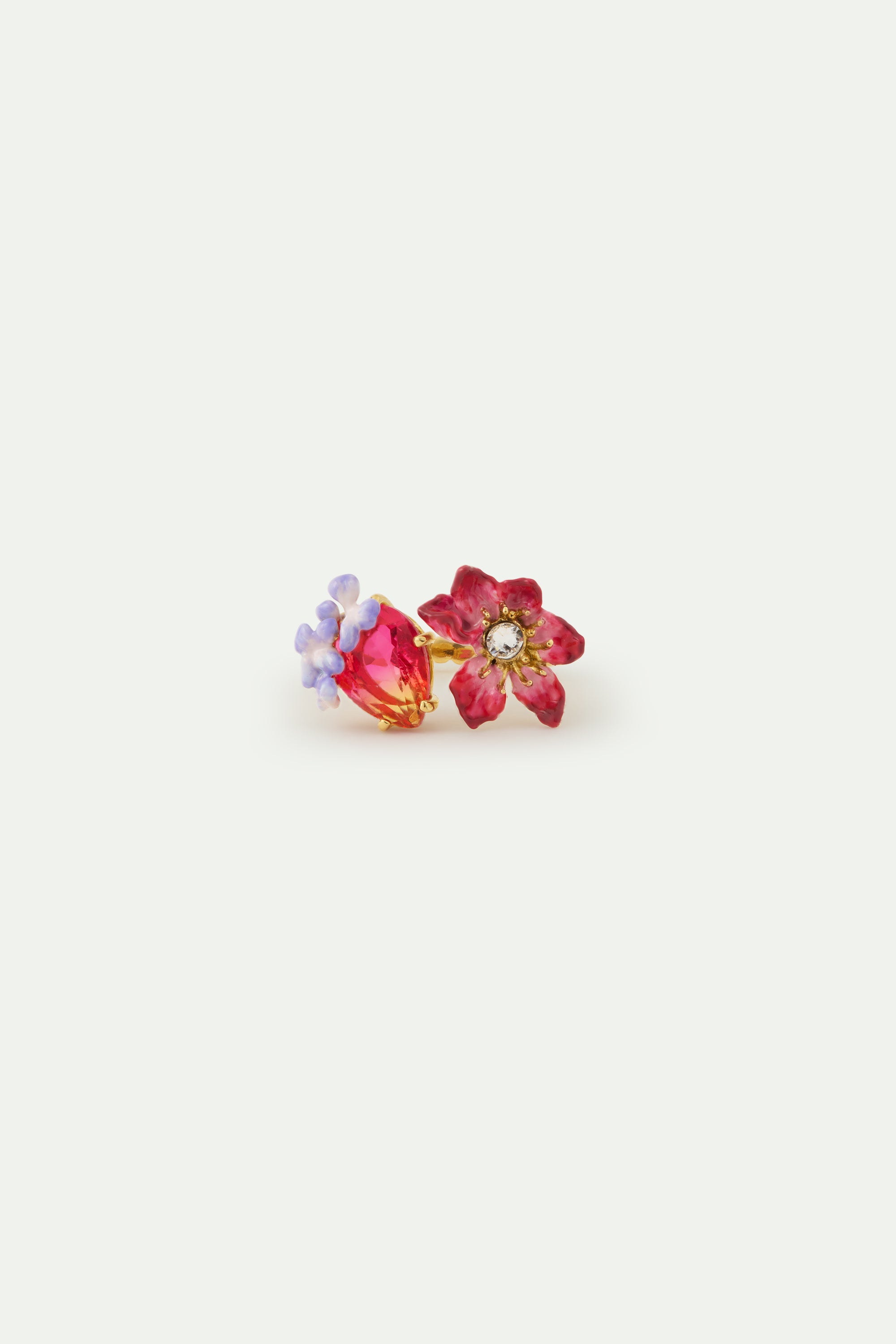 Pink clementis, faceted glass and purple wisteria adjustable ring