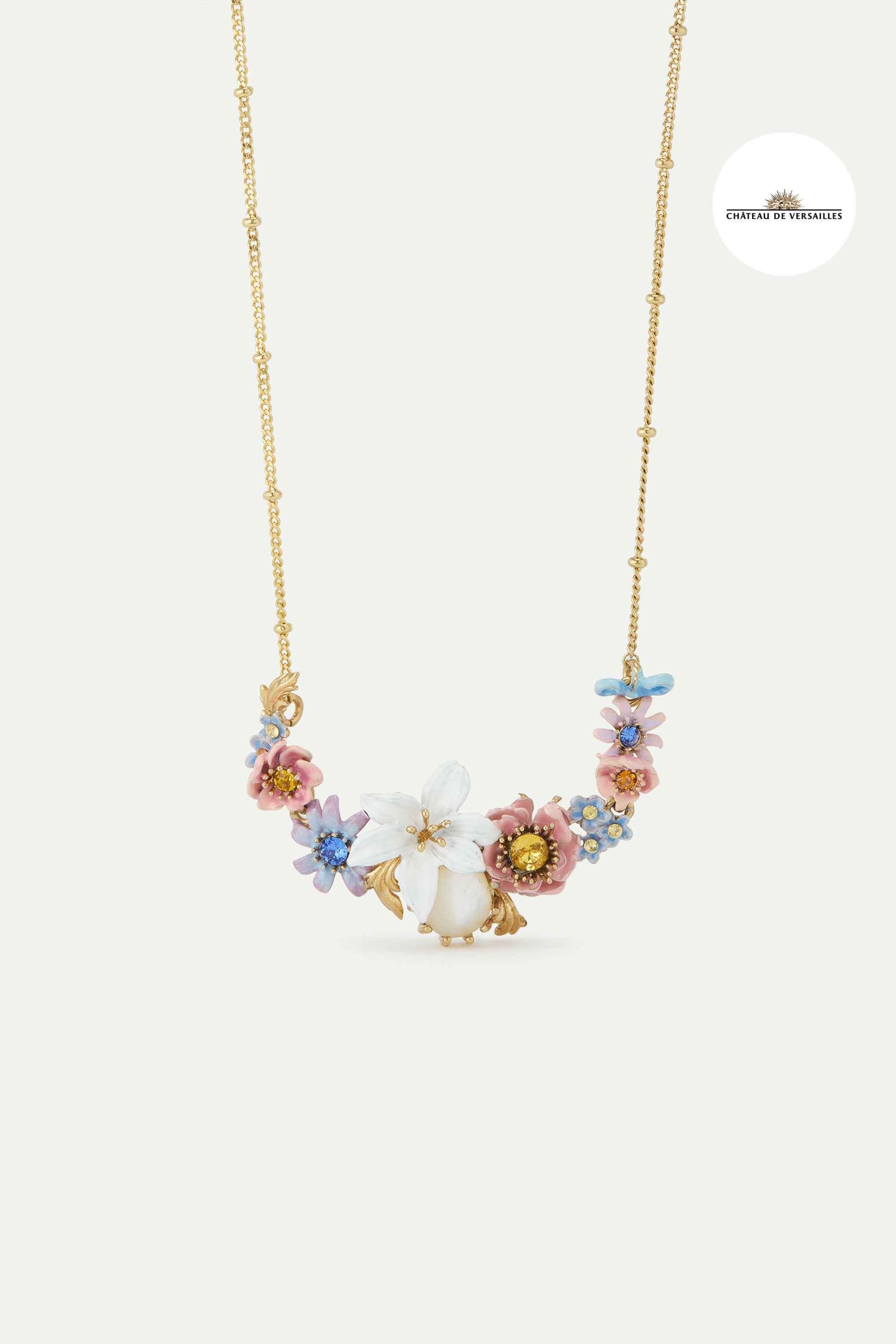 Pink and blue flowers, lily and mother of pearl round stone statement necklace