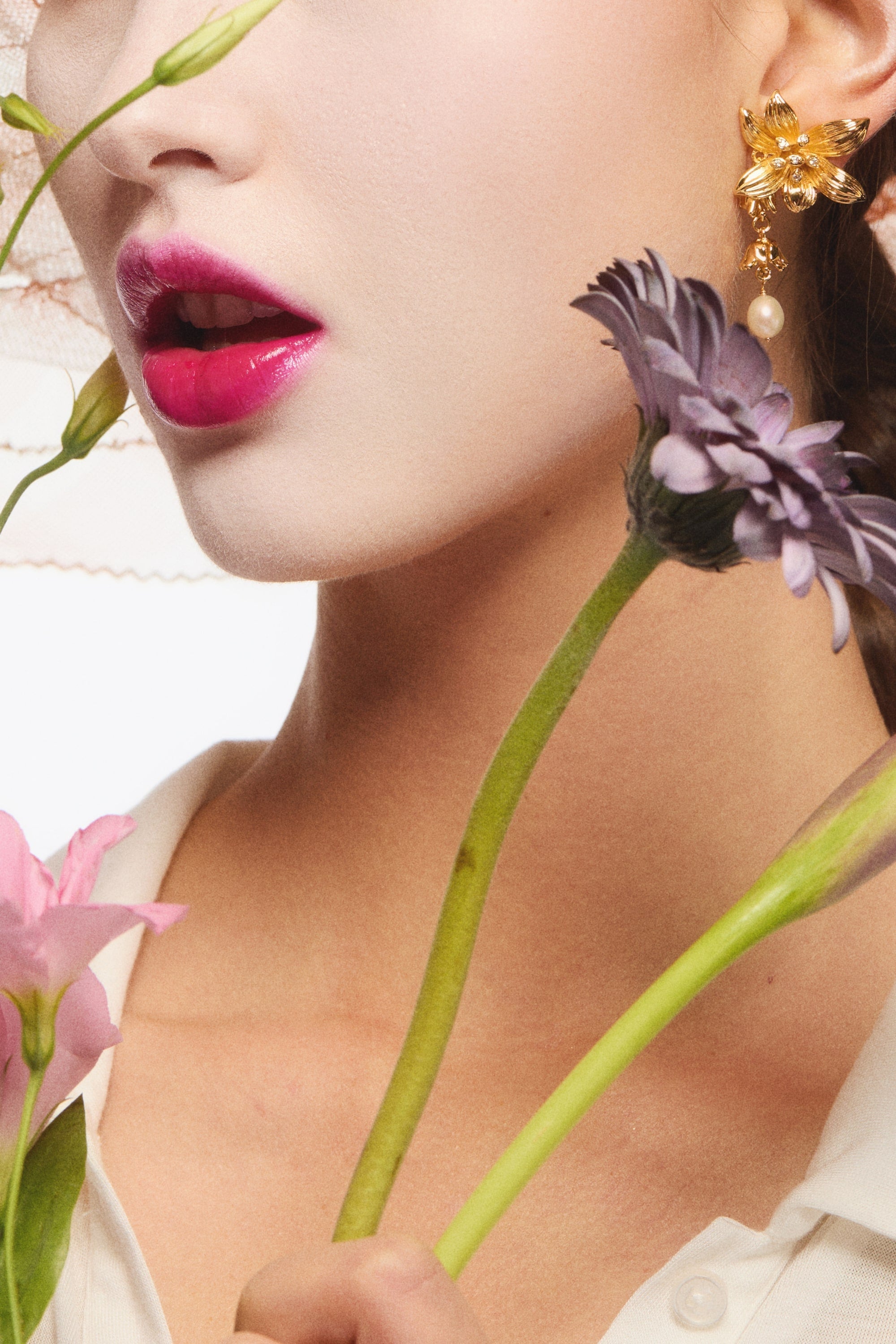 Lily flower and cultured pearl golden dangle earrings