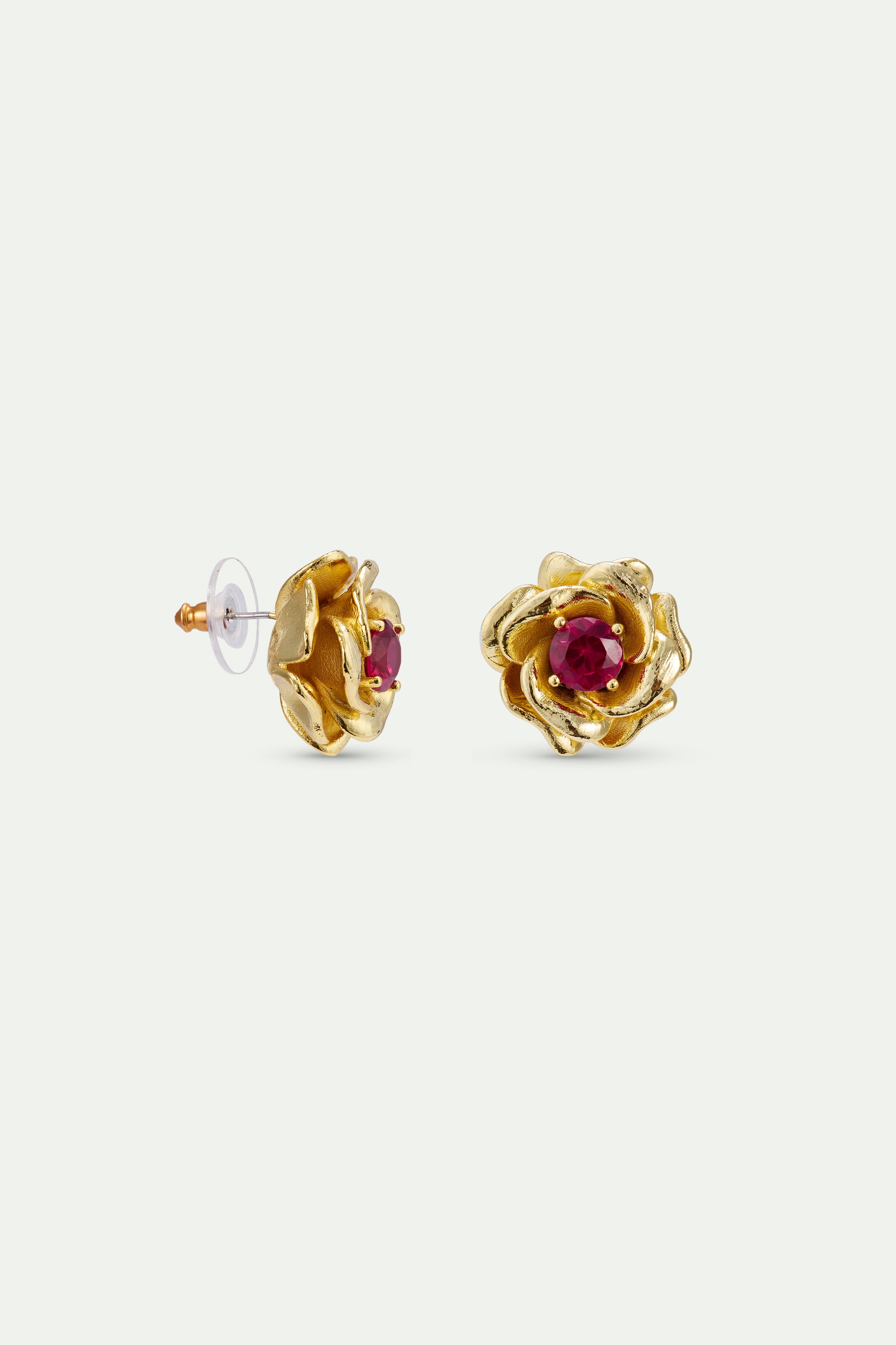 Gold Mona Lisa roses and pink stone earrings