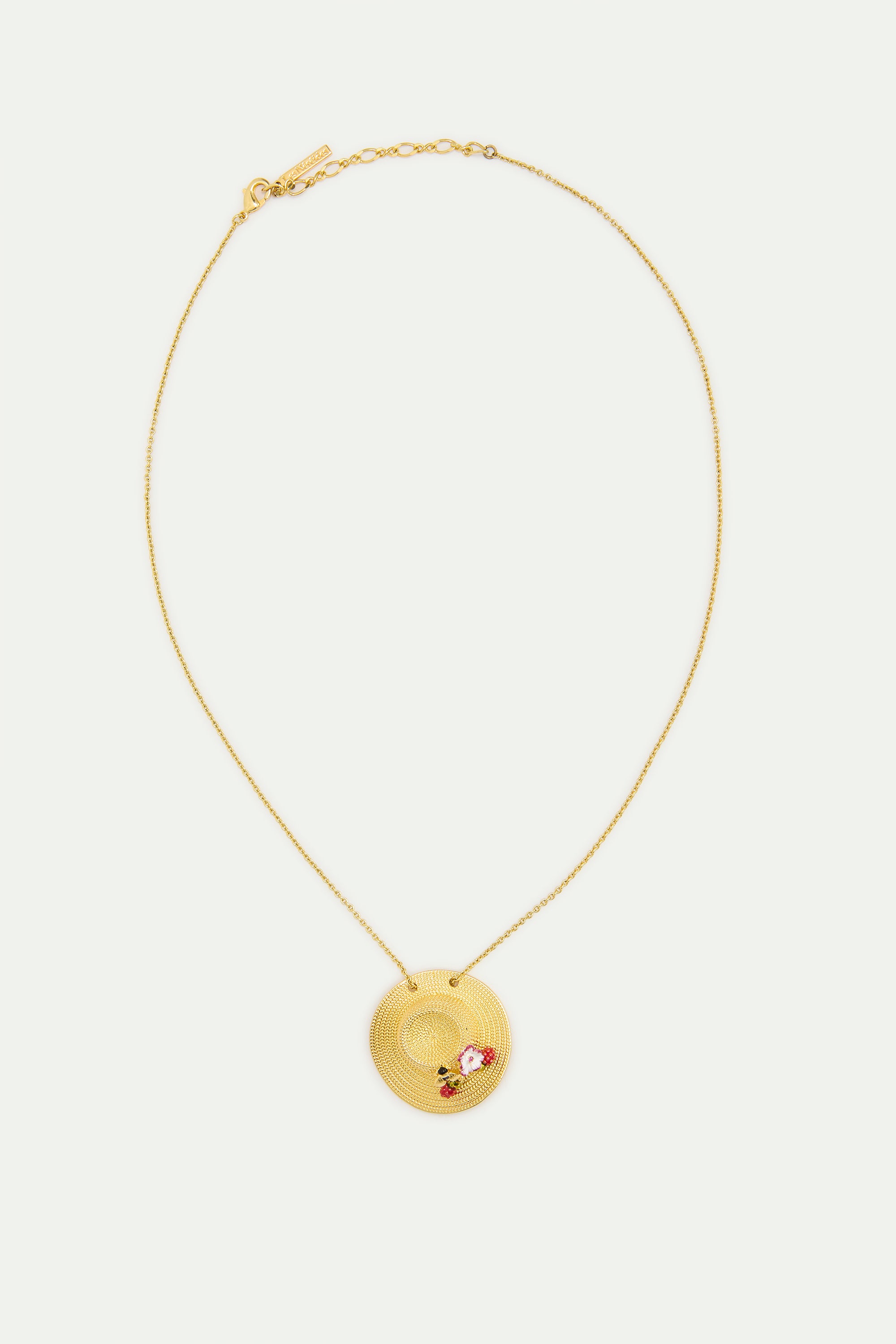 Pendant necklace with gold hat, cosmos, bee, raspberry and pink crystal