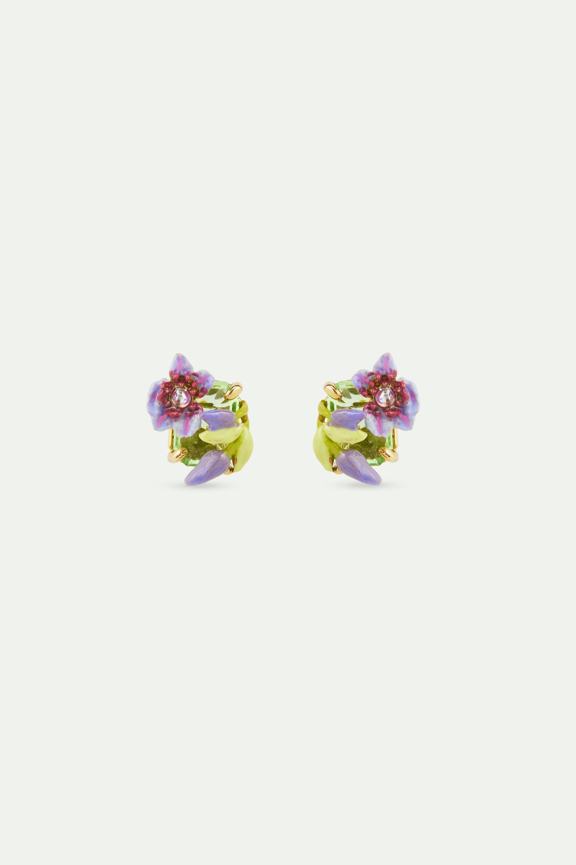 Purple clematis, ivy and emerald-cut faceted green glass post earrings