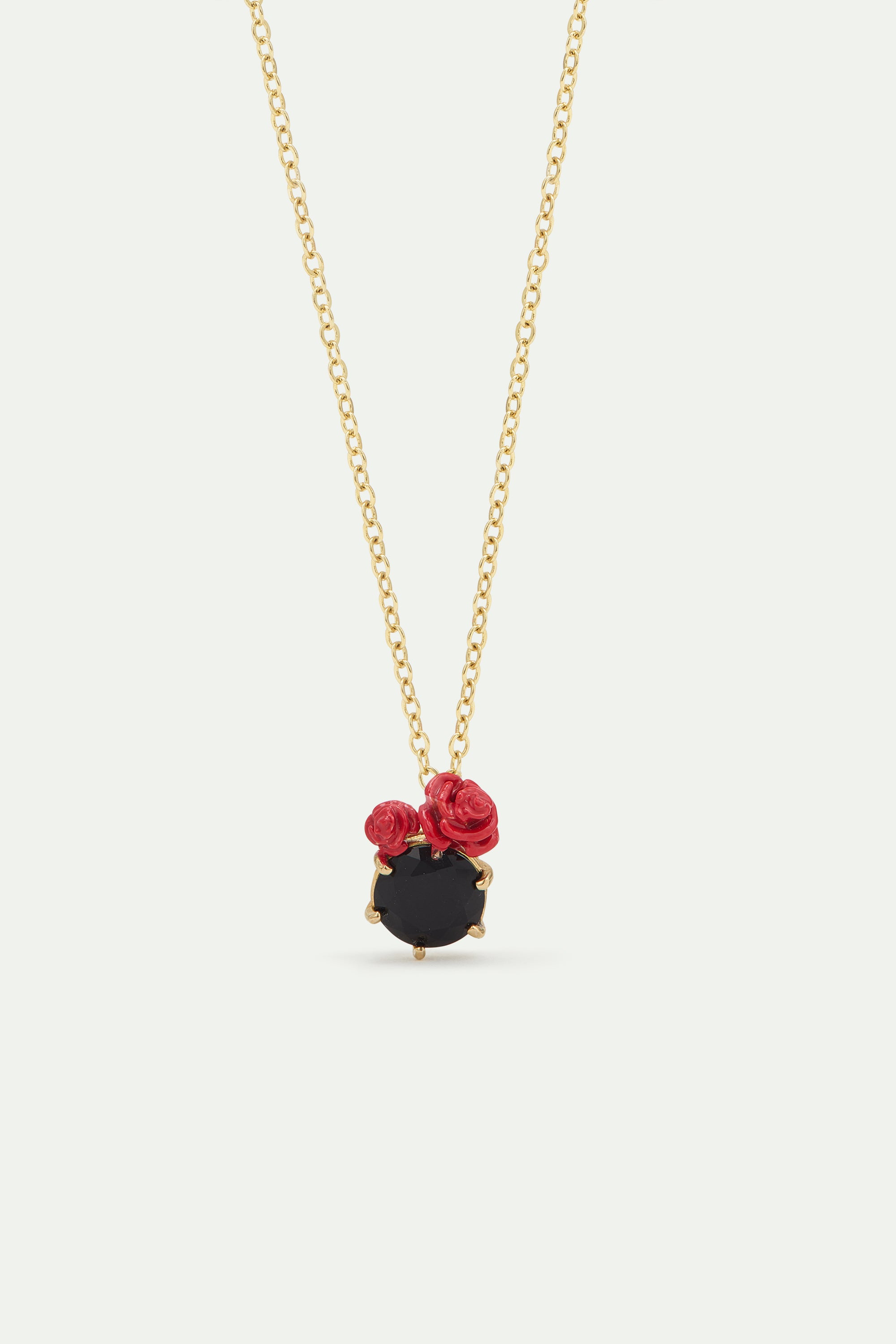 Black faceted stone and red rose pendant necklace
