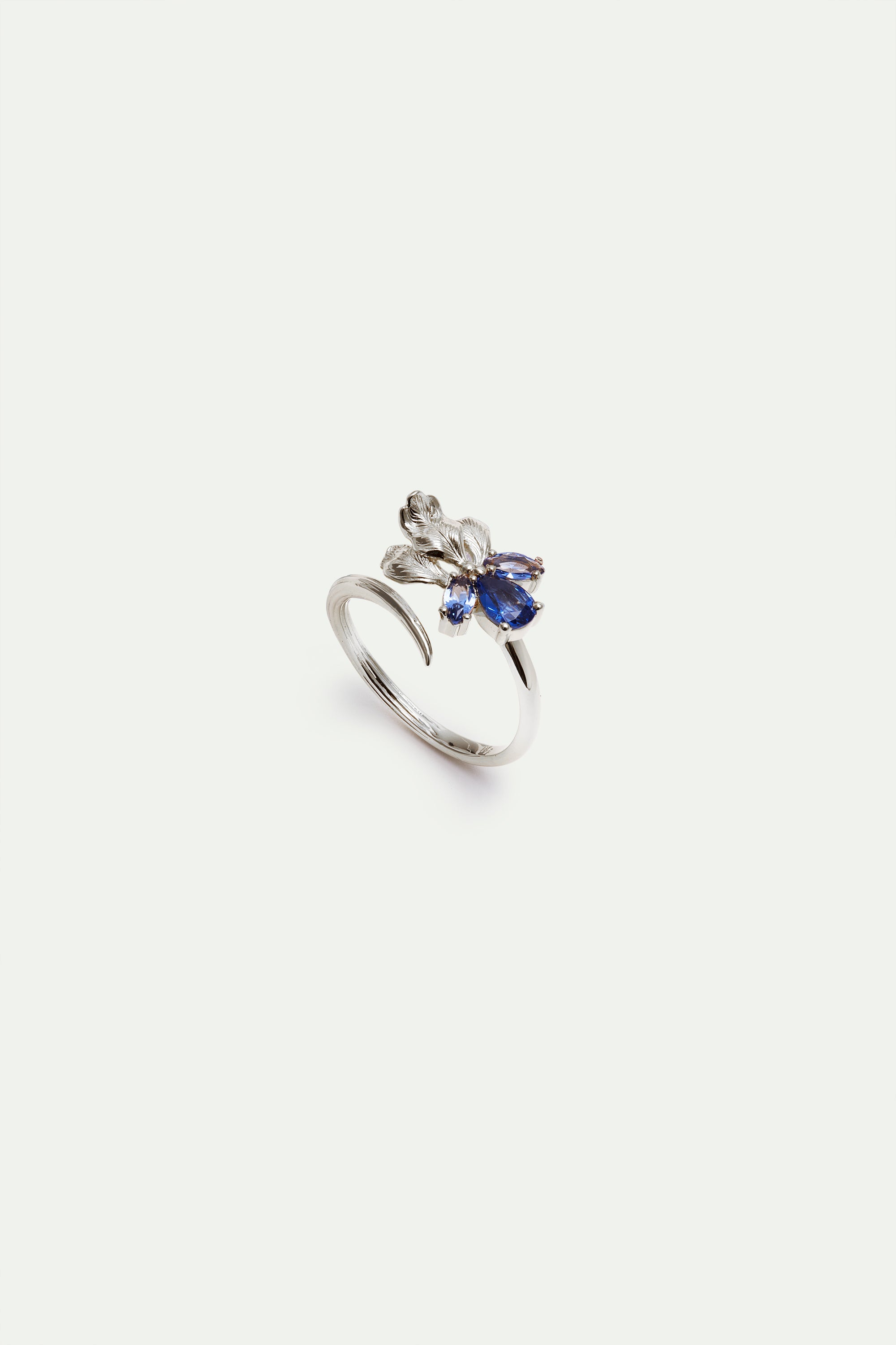 Silver iris and blue stones adjustable ring