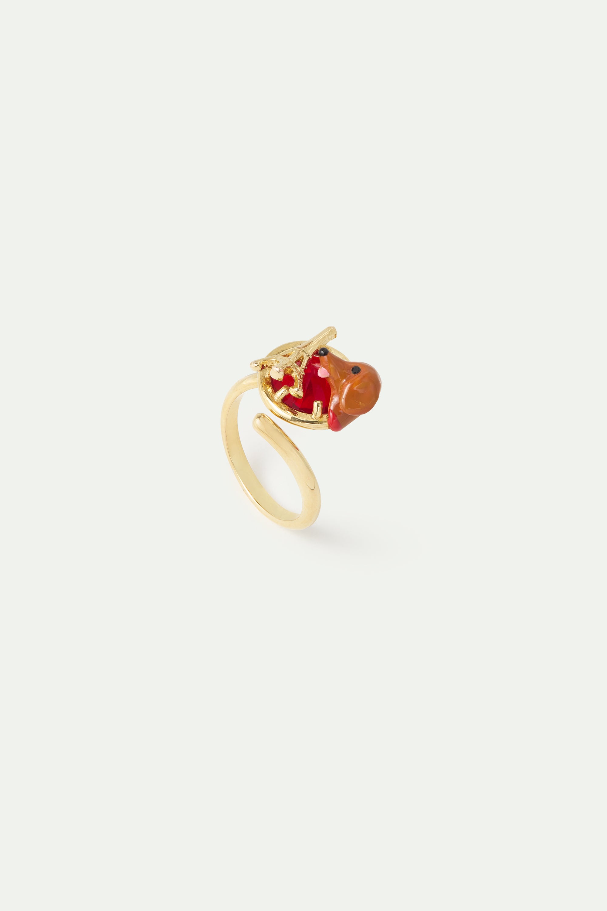 Dachshund adjustable ring with Eiffel tower and garnet red stone