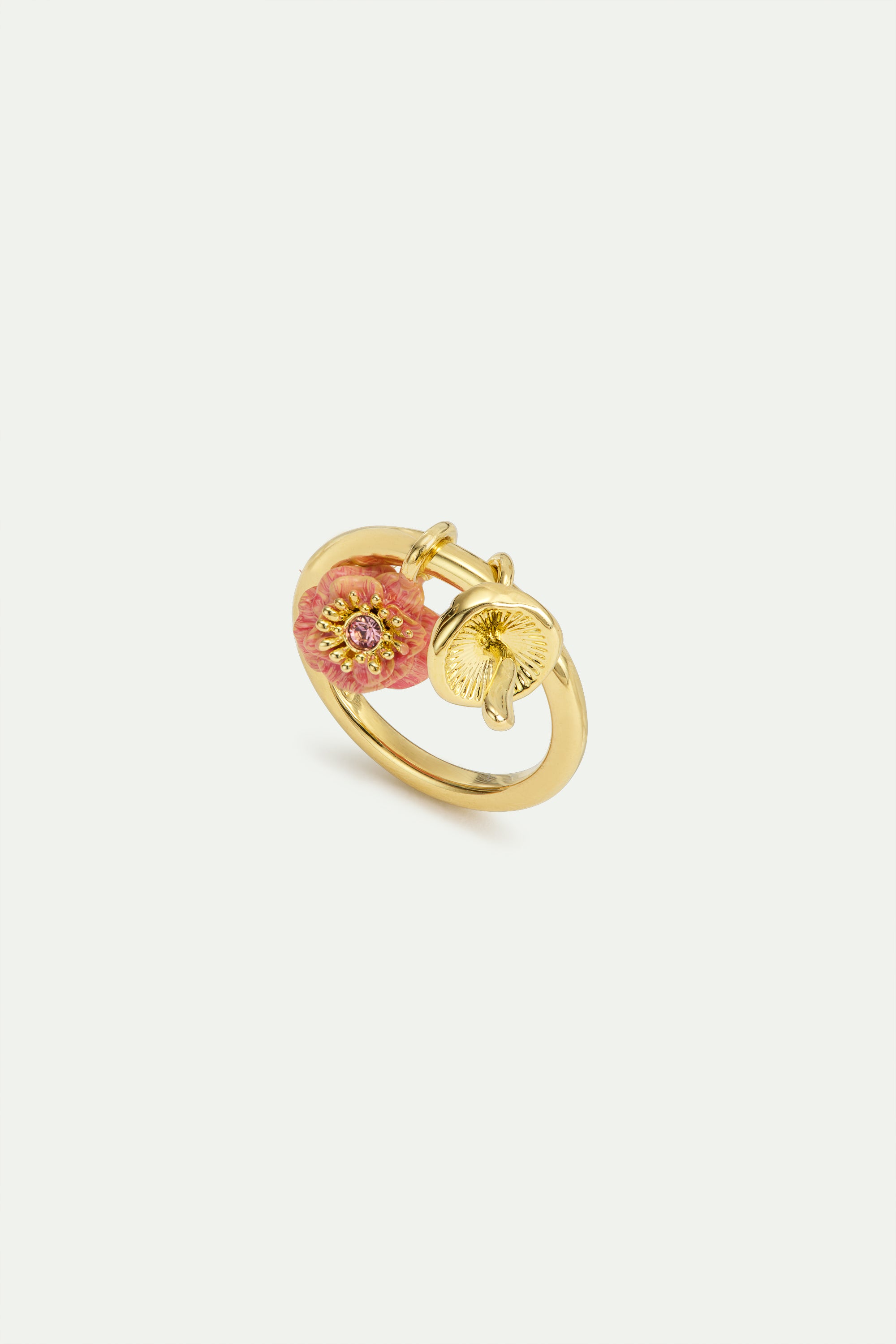 Charm ring with pink anemone and gold mushroom
