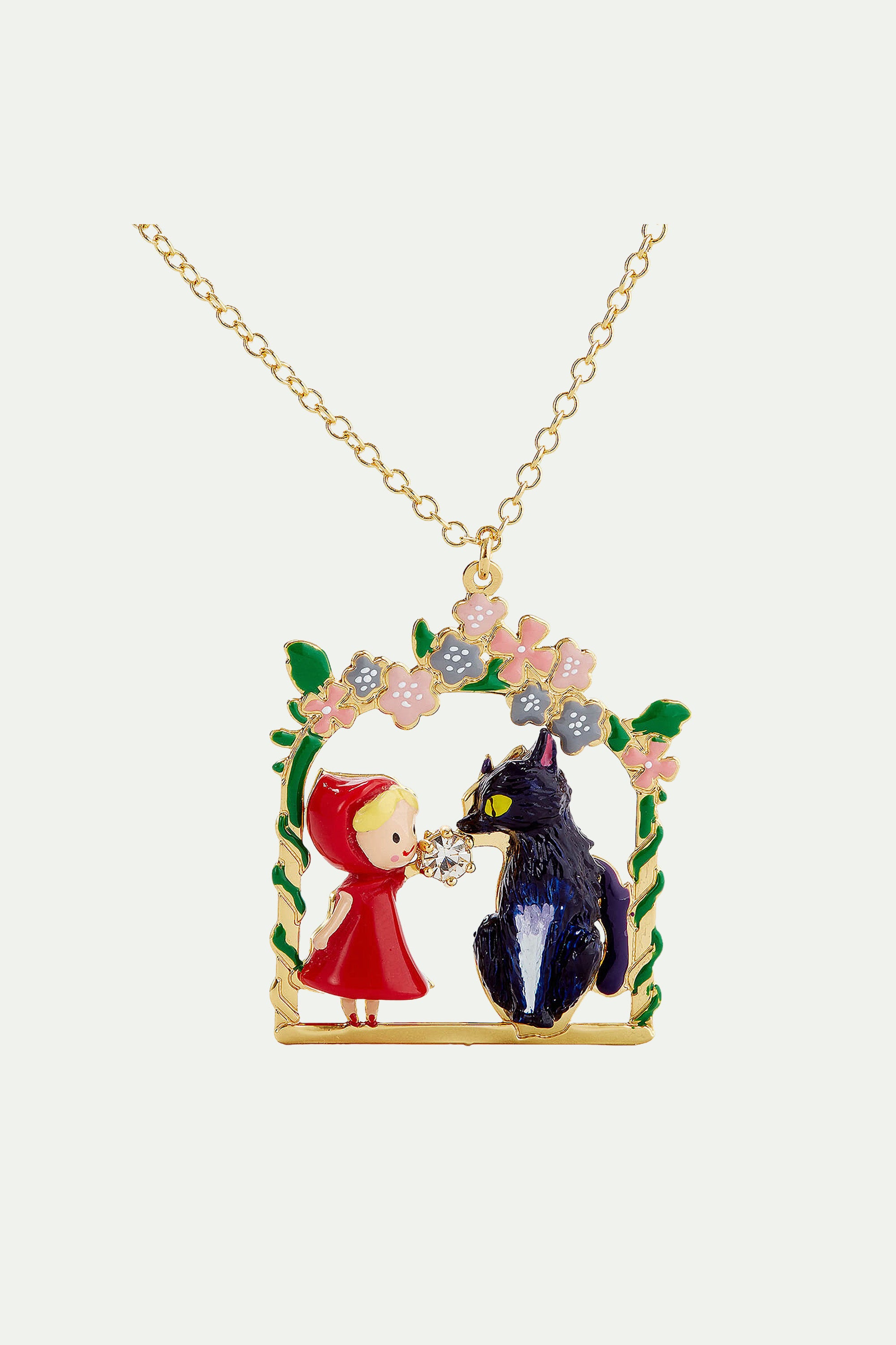 Flower Arc Little Red Riding Hood and Big Bad Wolf pendant necklace