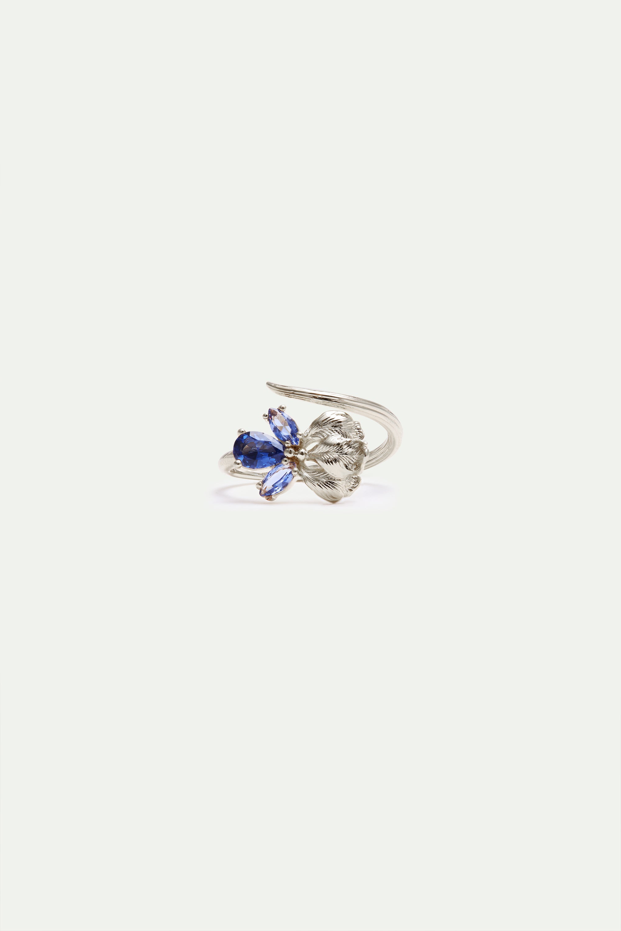 Silver iris and blue stones adjustable ring
