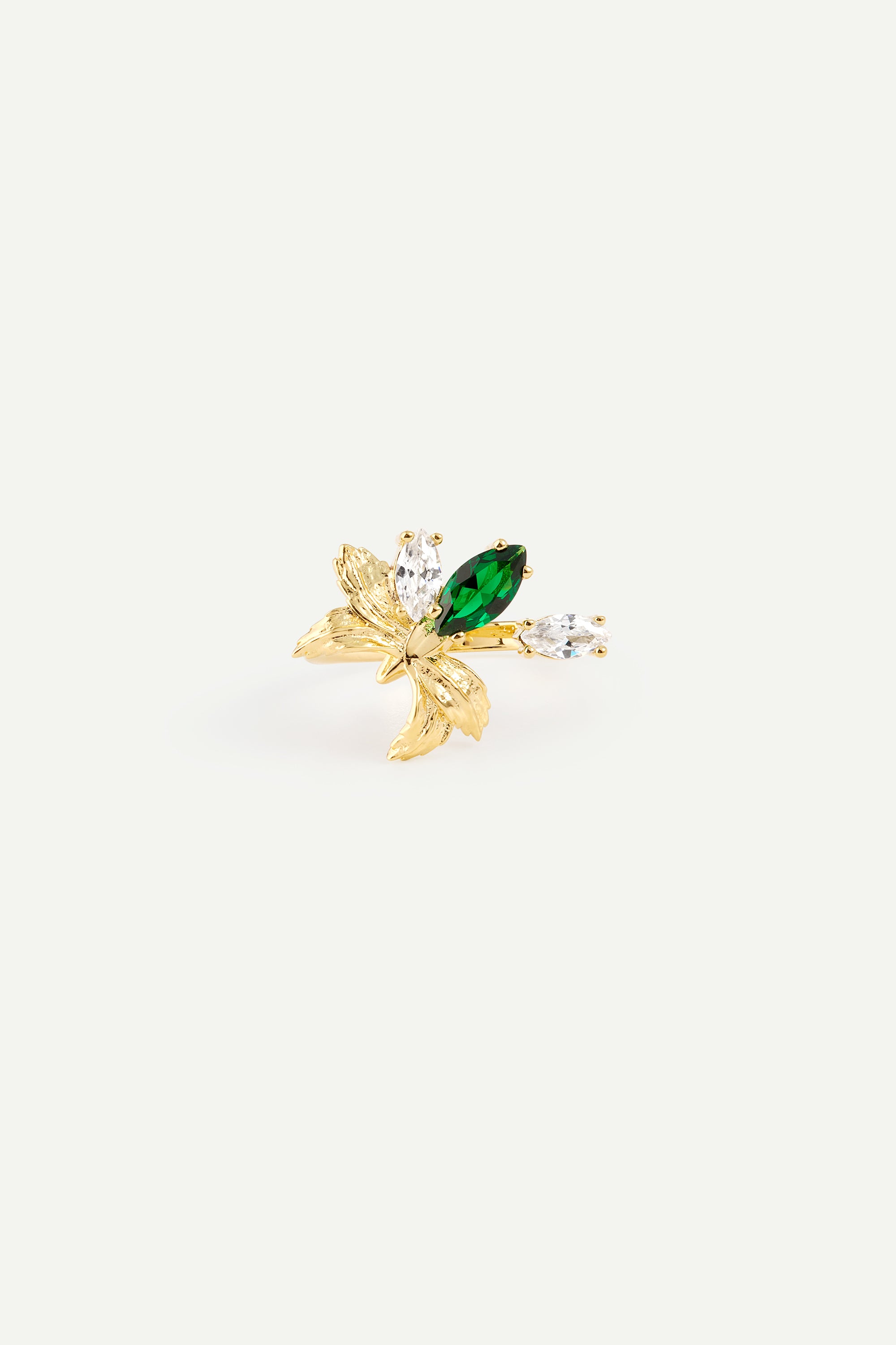 Anillo ajustable dorado con flor de orquídea y piedras blancas y verde