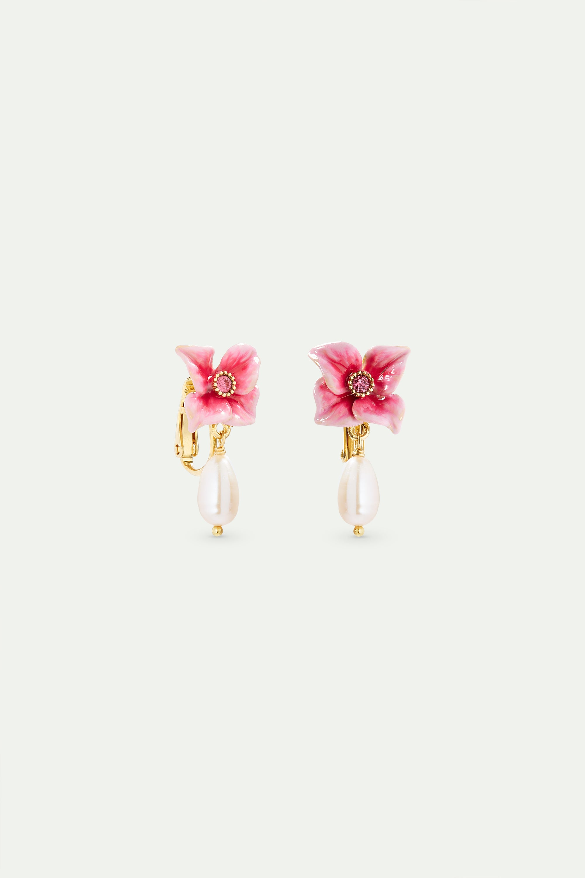 Pink hydrangea flower and cultured pearl earrings