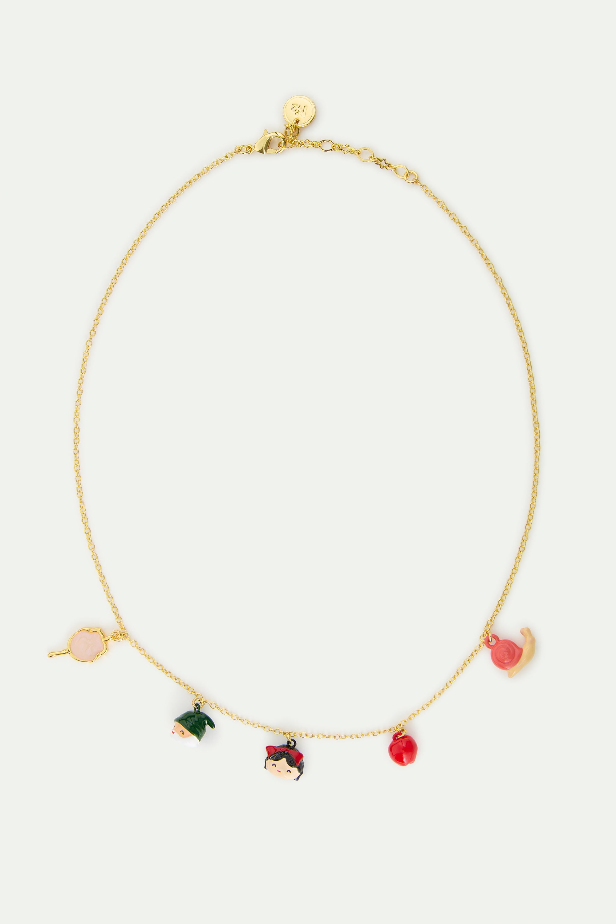 Snow White, Dward, mirroir, apple and snail pendant necklace