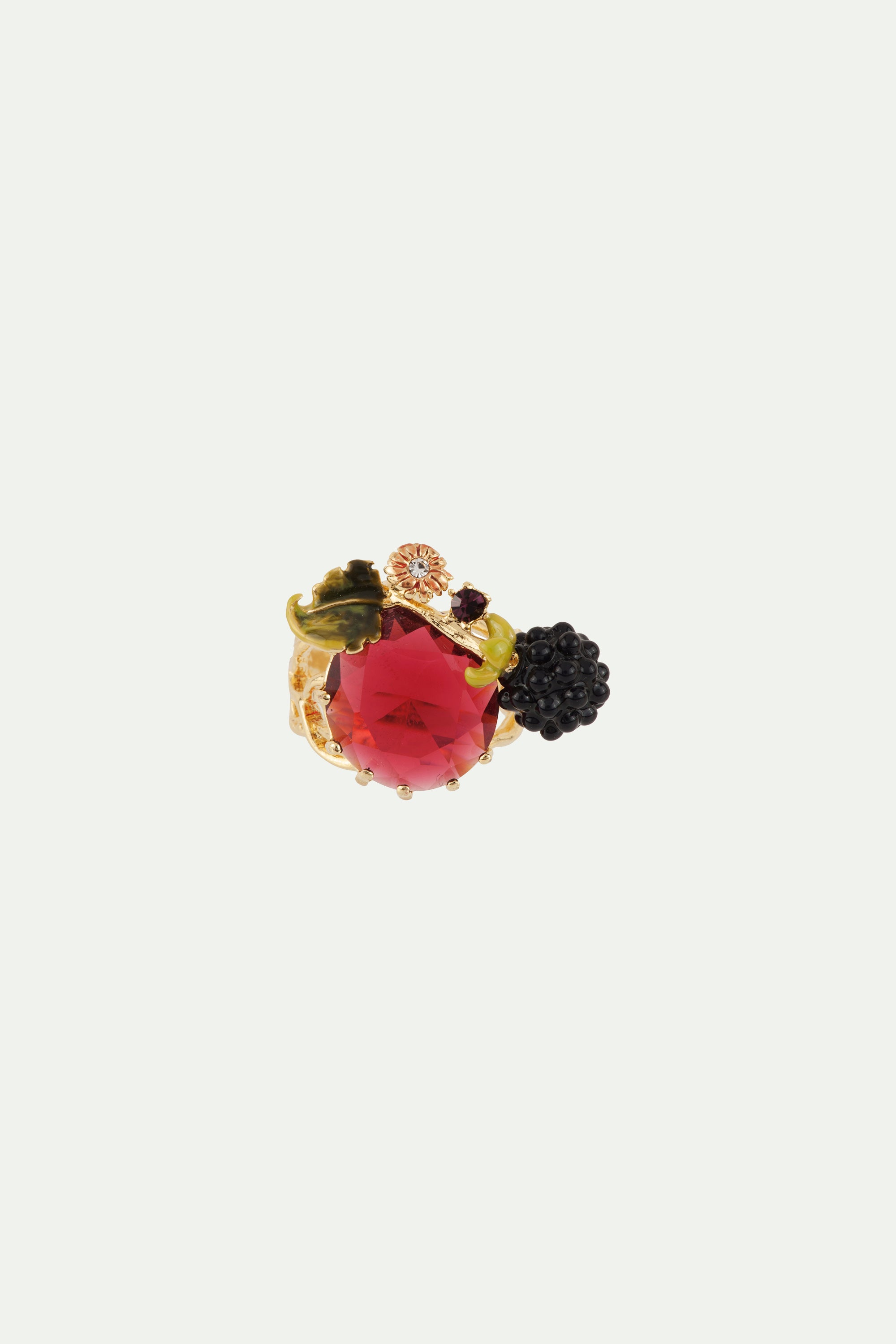 Ring VEGETATION DOREE Blackberry. leaf & red glass stone