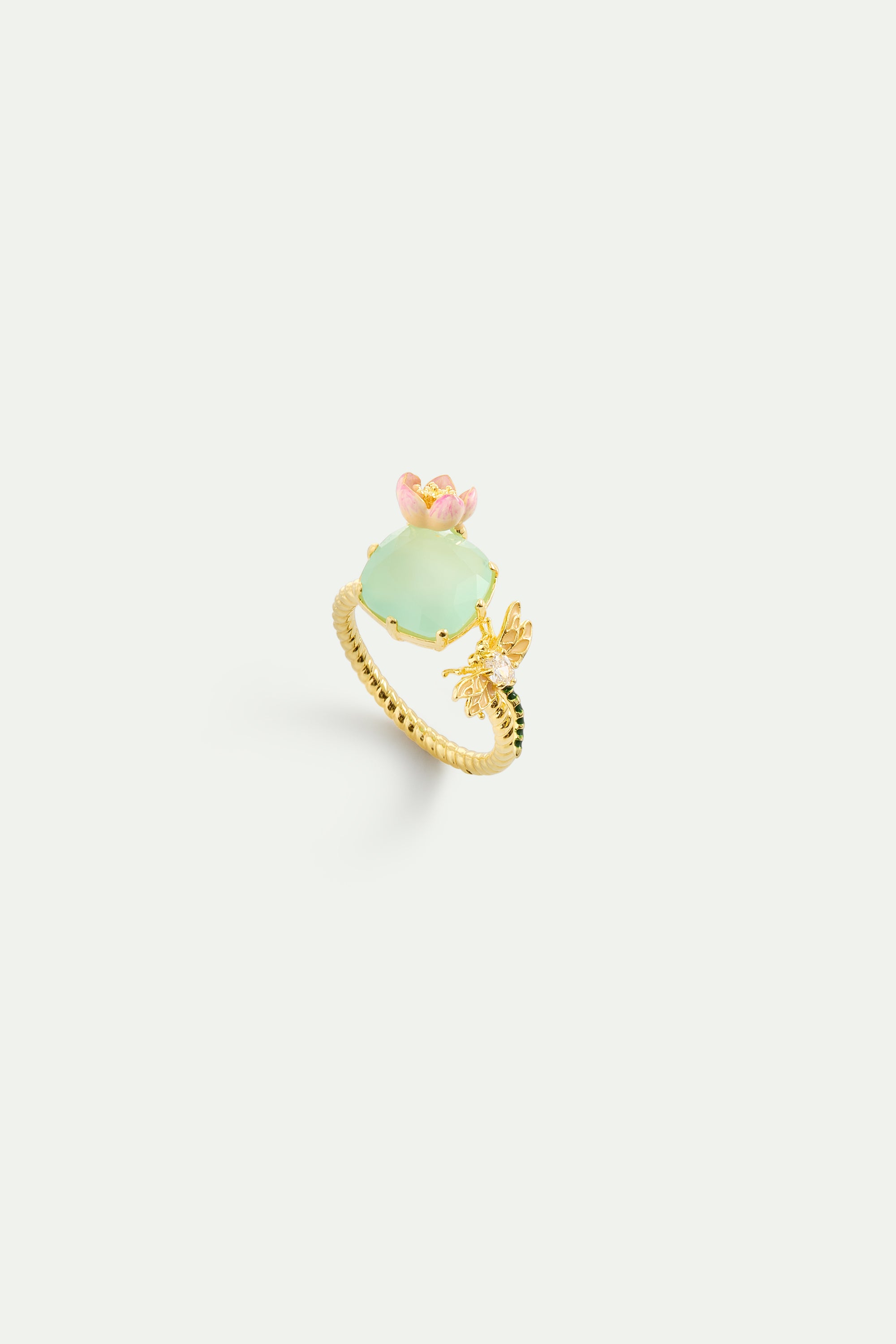 Bague ajustable verre facetté vert, hellébore rose et libellule