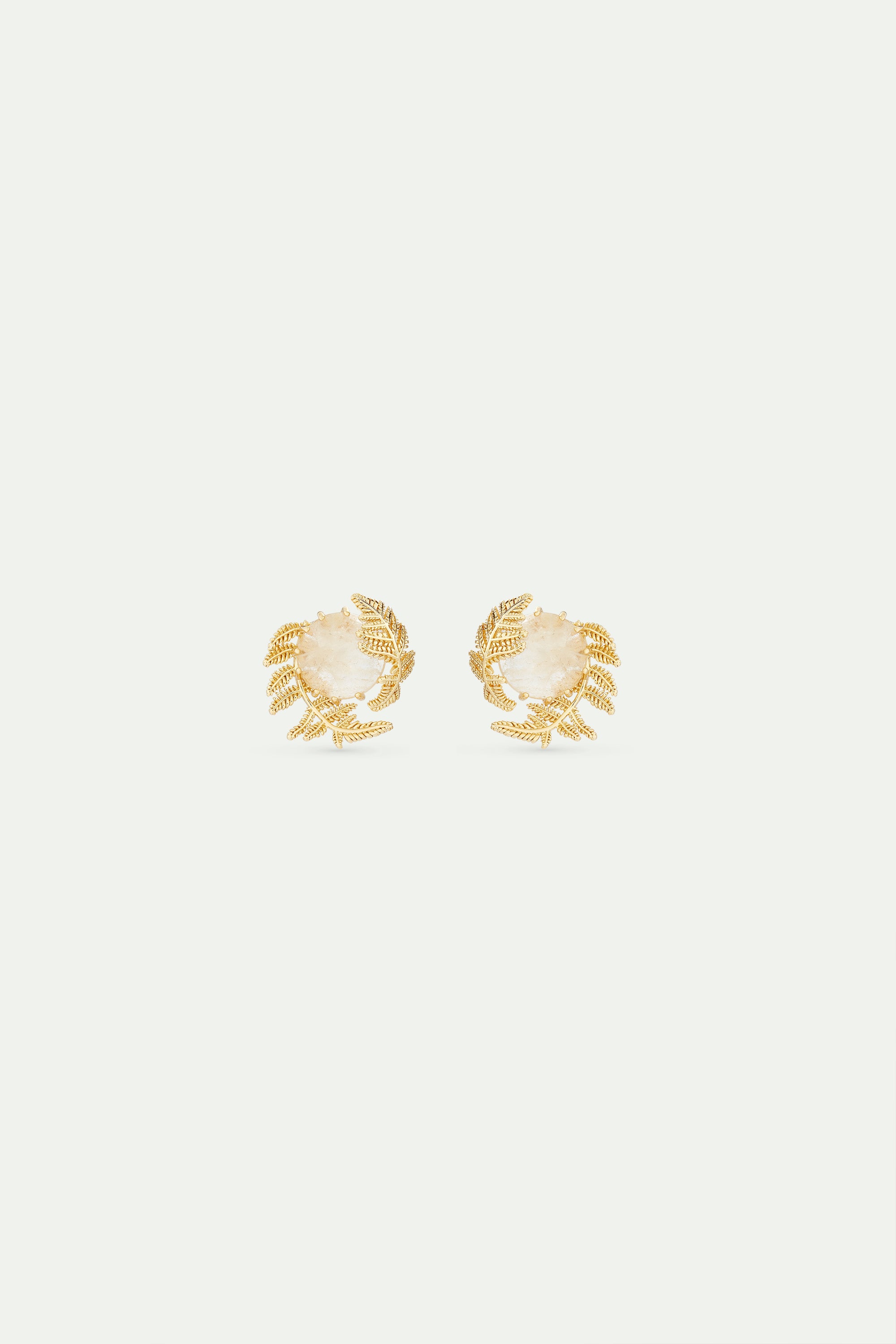 Round rock crystal and golden fern earrings