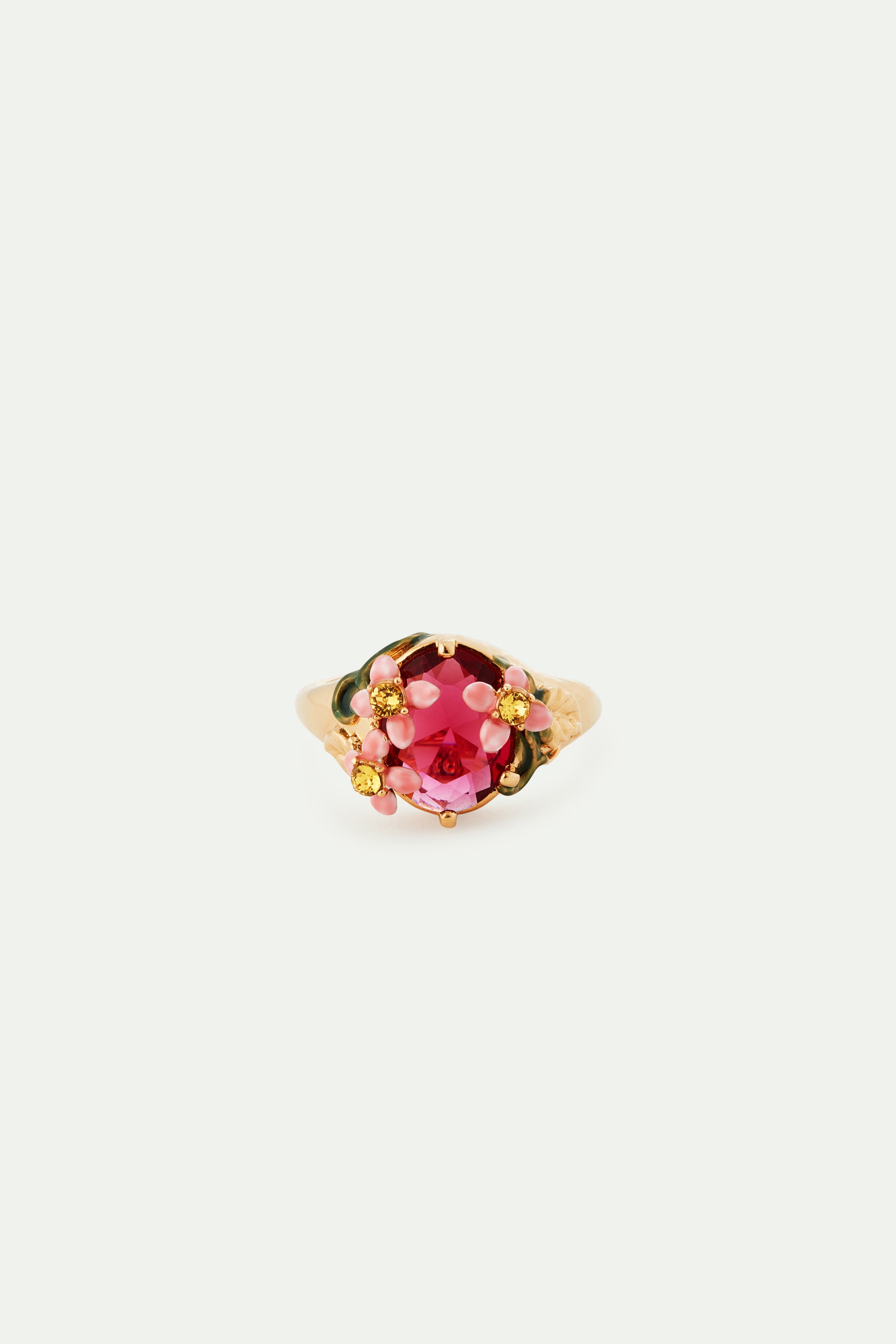 Anillo de cóctel de cristal facetado rosa y flores rosas