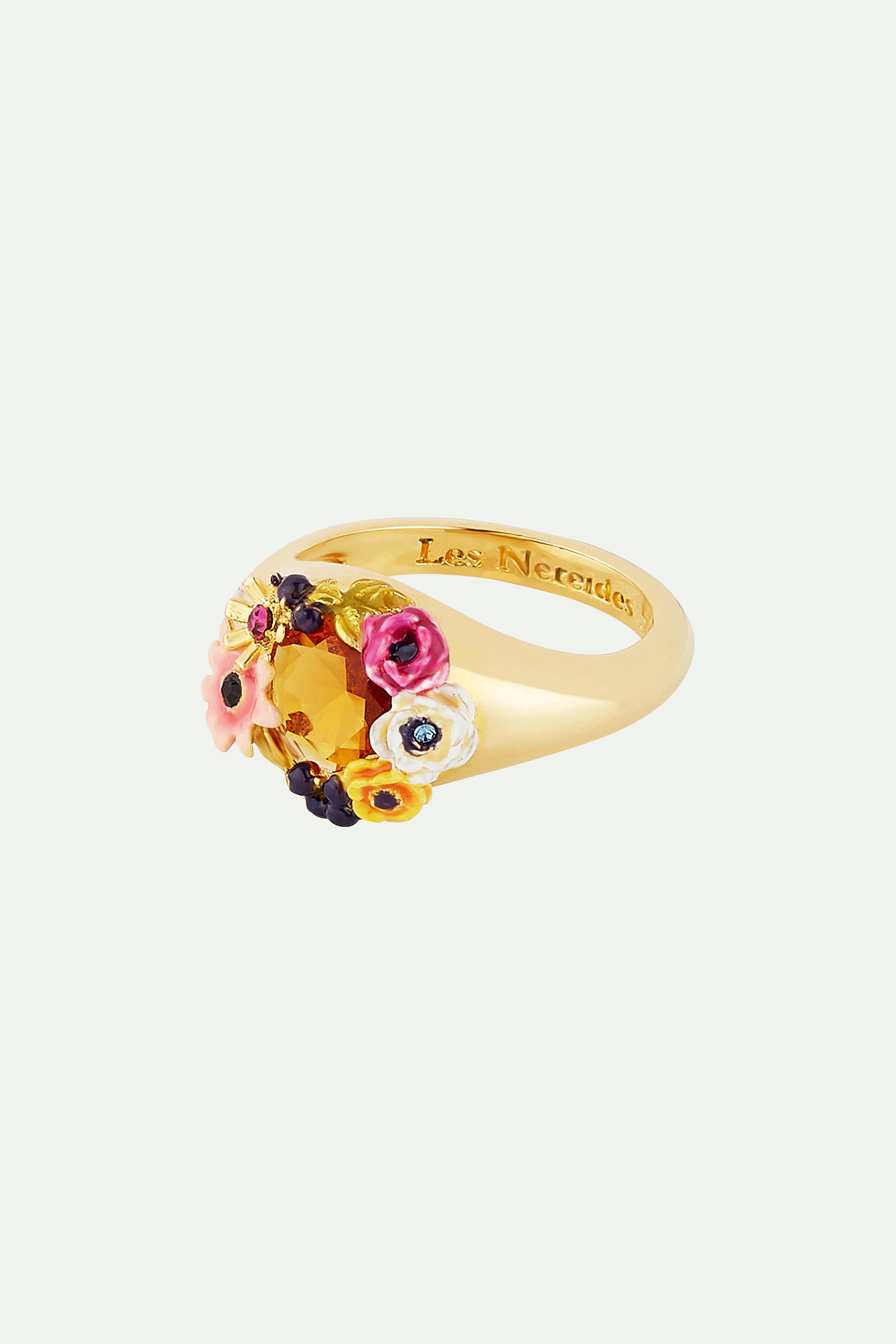 Poppy flower and faceted glass stone cocktail ring