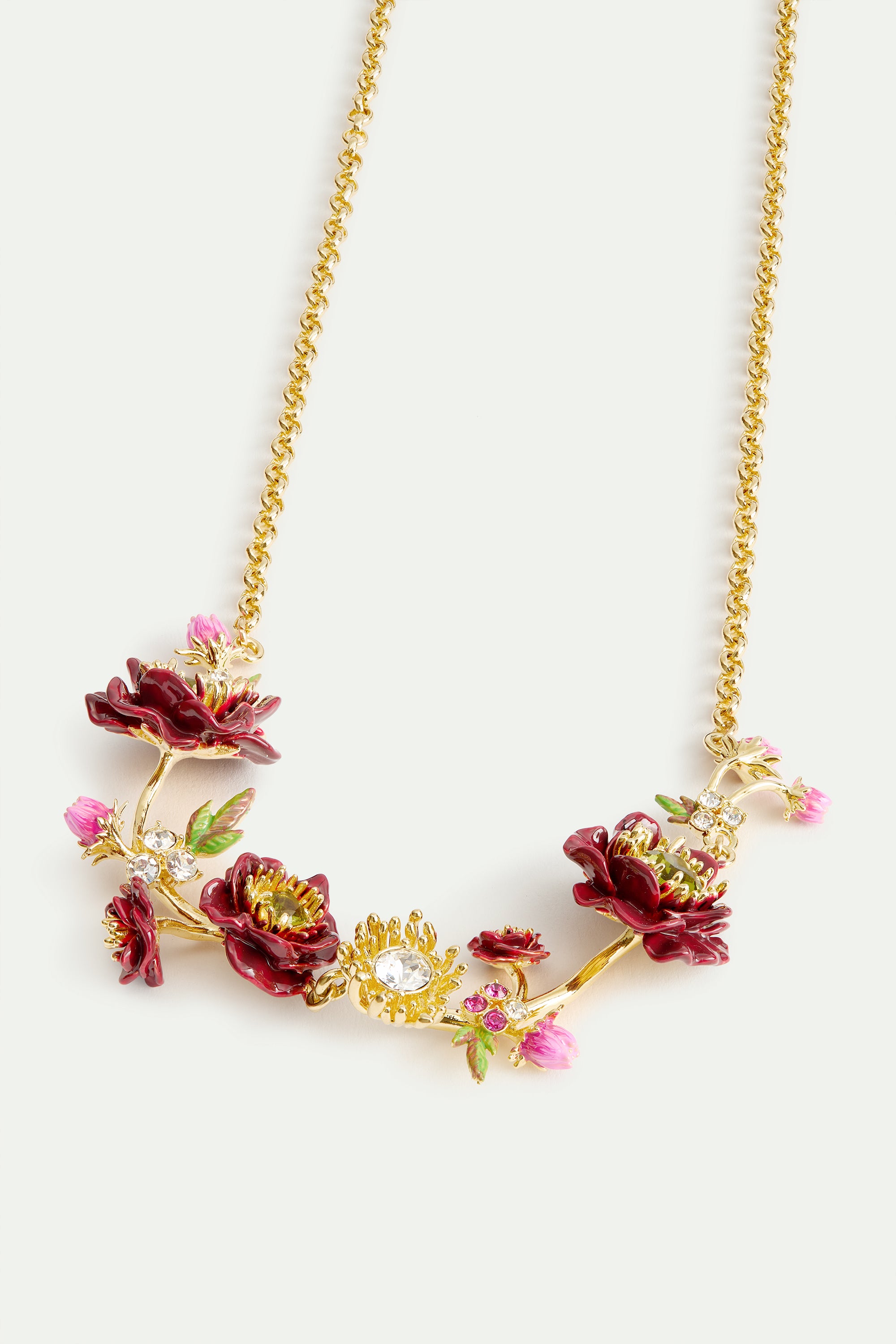 Statement necklace with burgundy anemone flowers, rose buds and green faceted stones