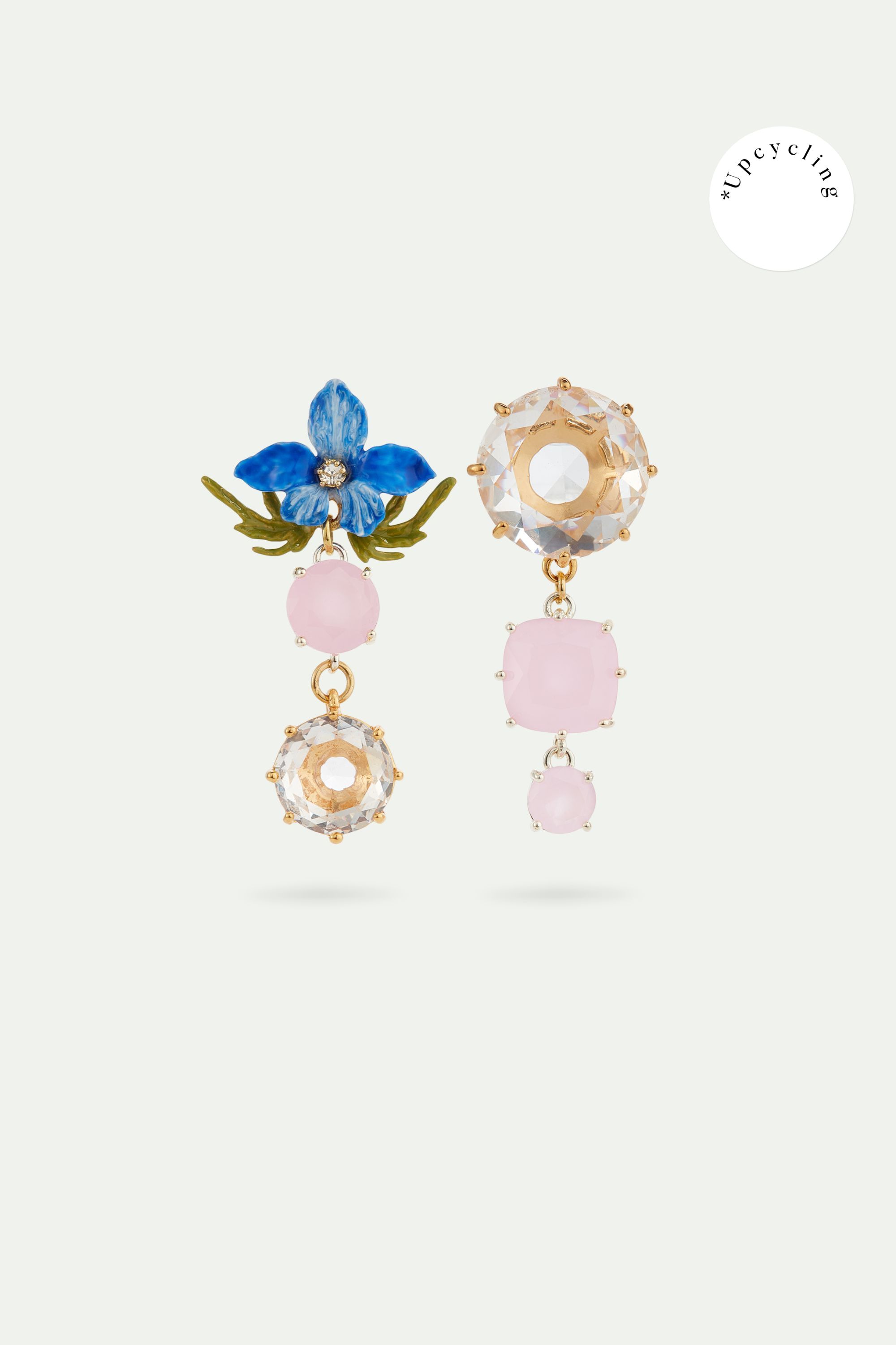 Asymmetrical pansy, pink stone and crystal post earrings