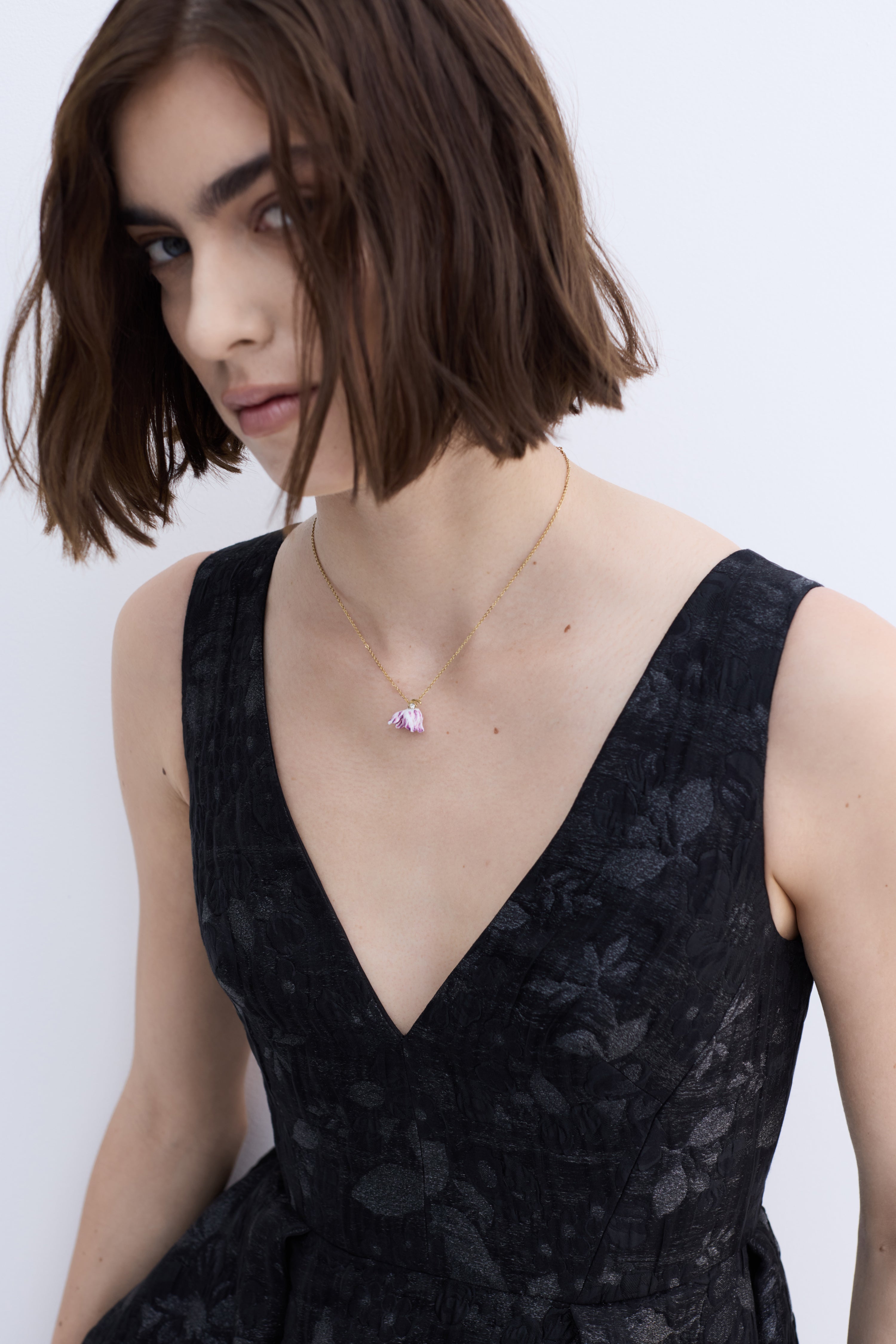 Purple tulip and crystal pendant necklace