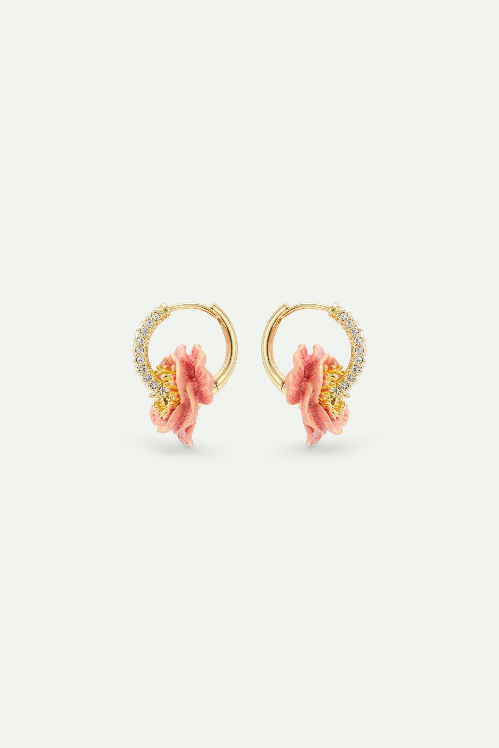 Rhinestone hoop earrings with pink anemone