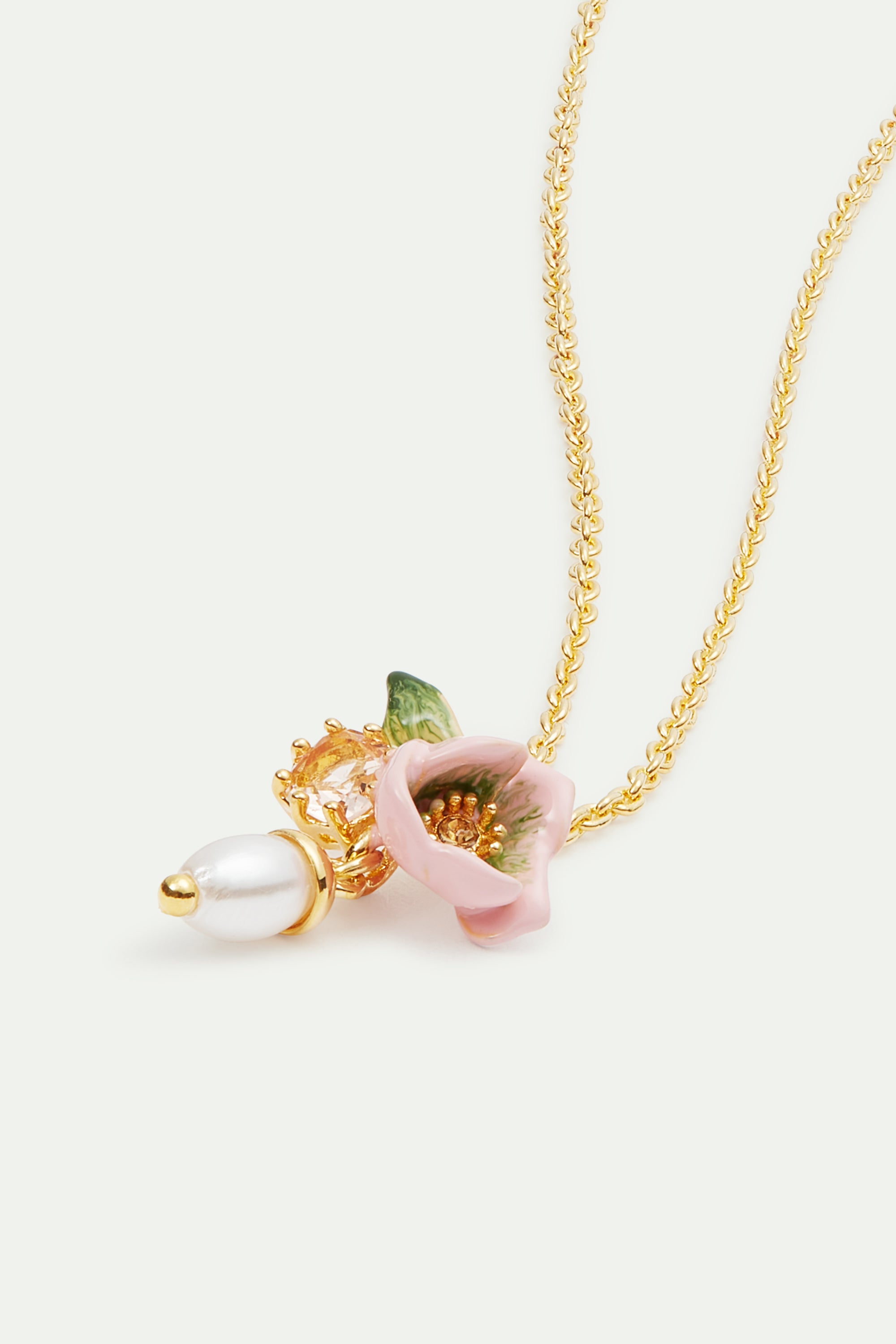 Pink hellebore flower and glass pearl bead pendant necklace