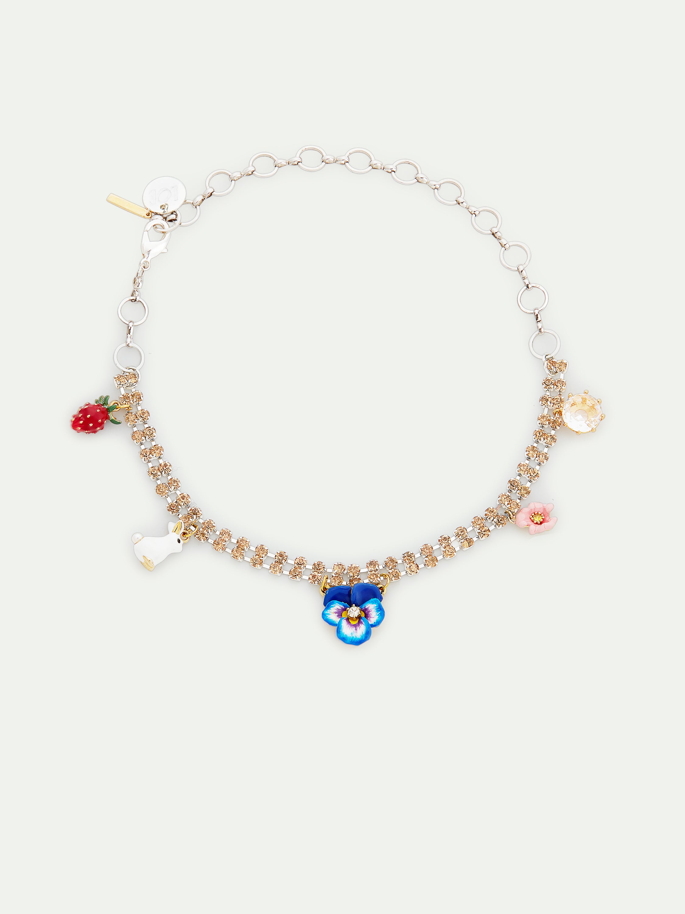 Rhinestones, pansy and rabbit choker necklace