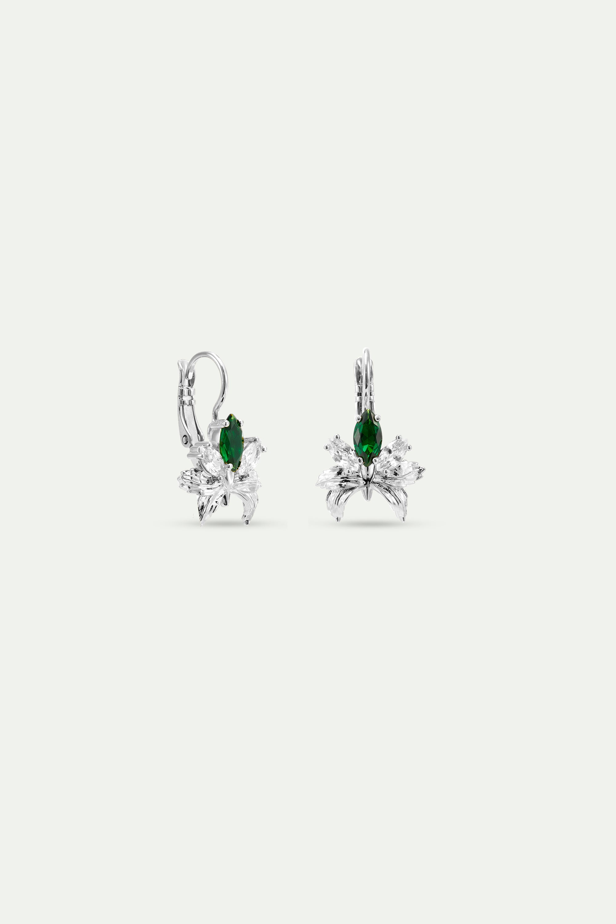 Silver sleeper earrings with orchids, white and green stones