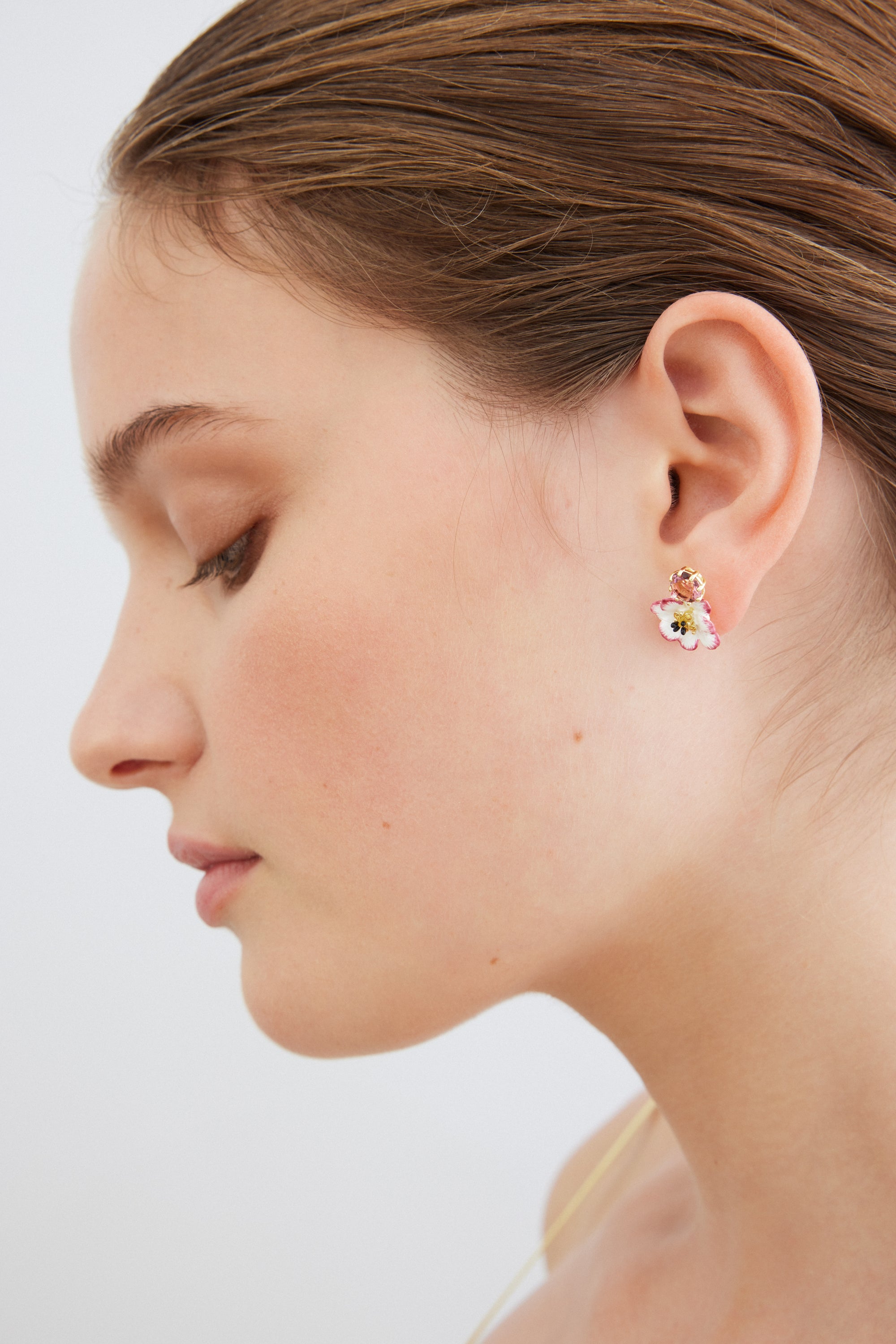 White and pink cosmos flower earrings with pink round stone