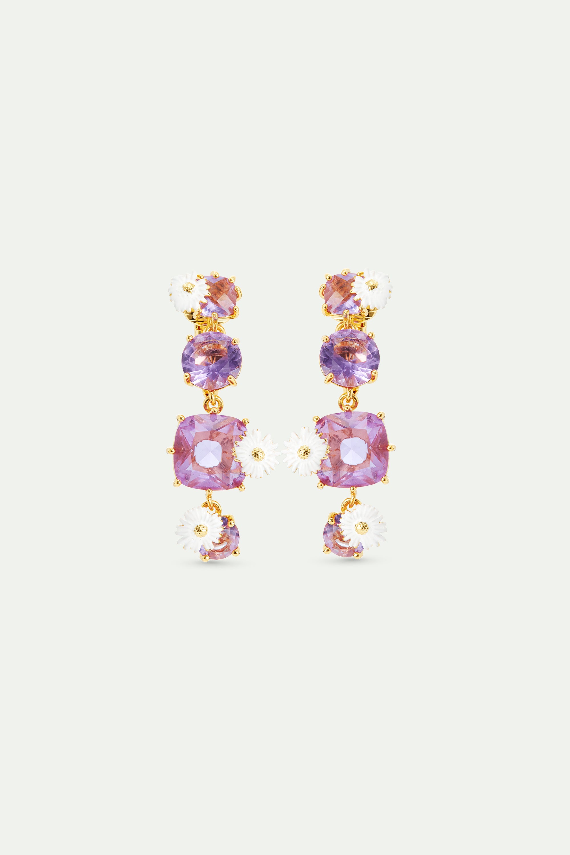 Four stone Lavender Diamantine dangle earrings with daisies