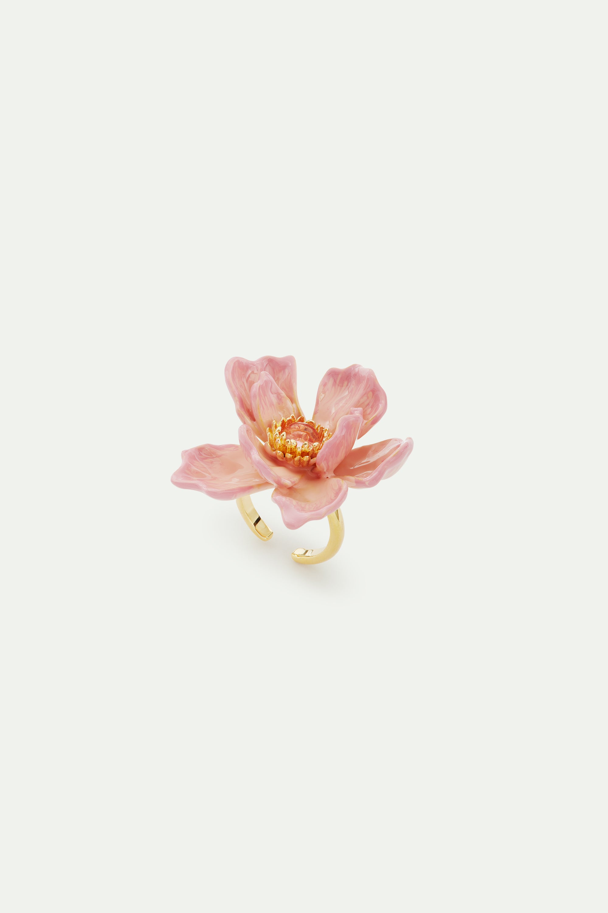 Anillo flor grande de magnolia rosa y cabujón de cristal