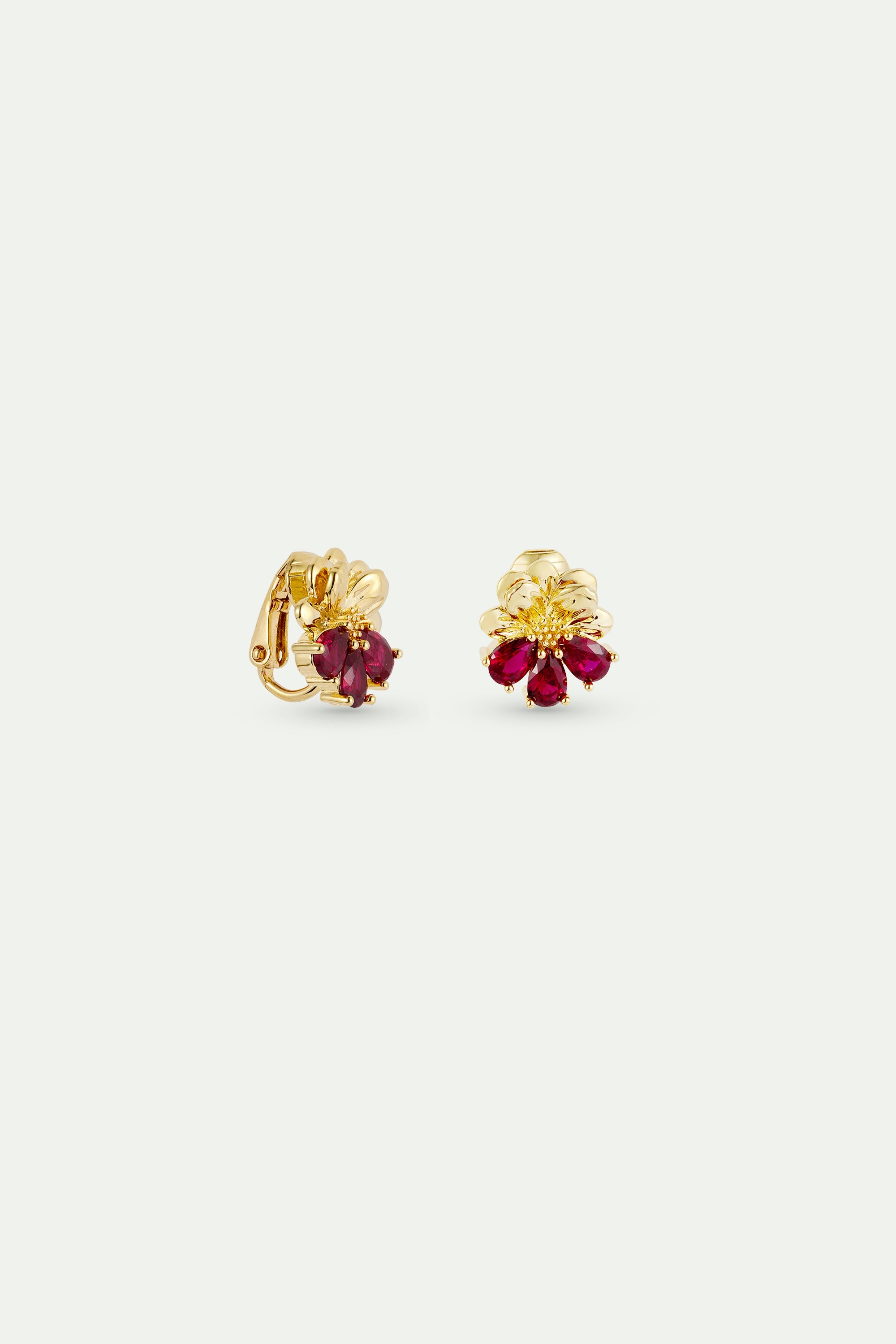 Gold clip-on earrings with cosmos and red stones