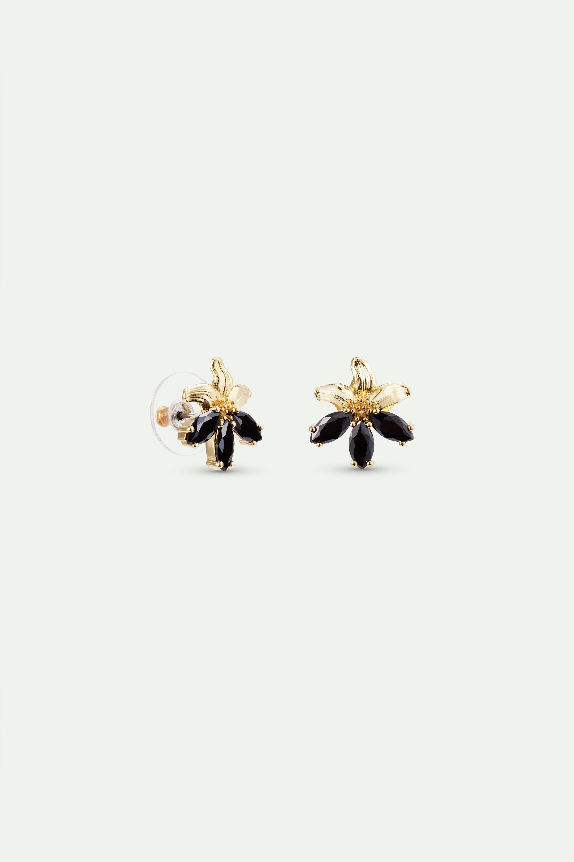 Golden lily and black stone post earrings