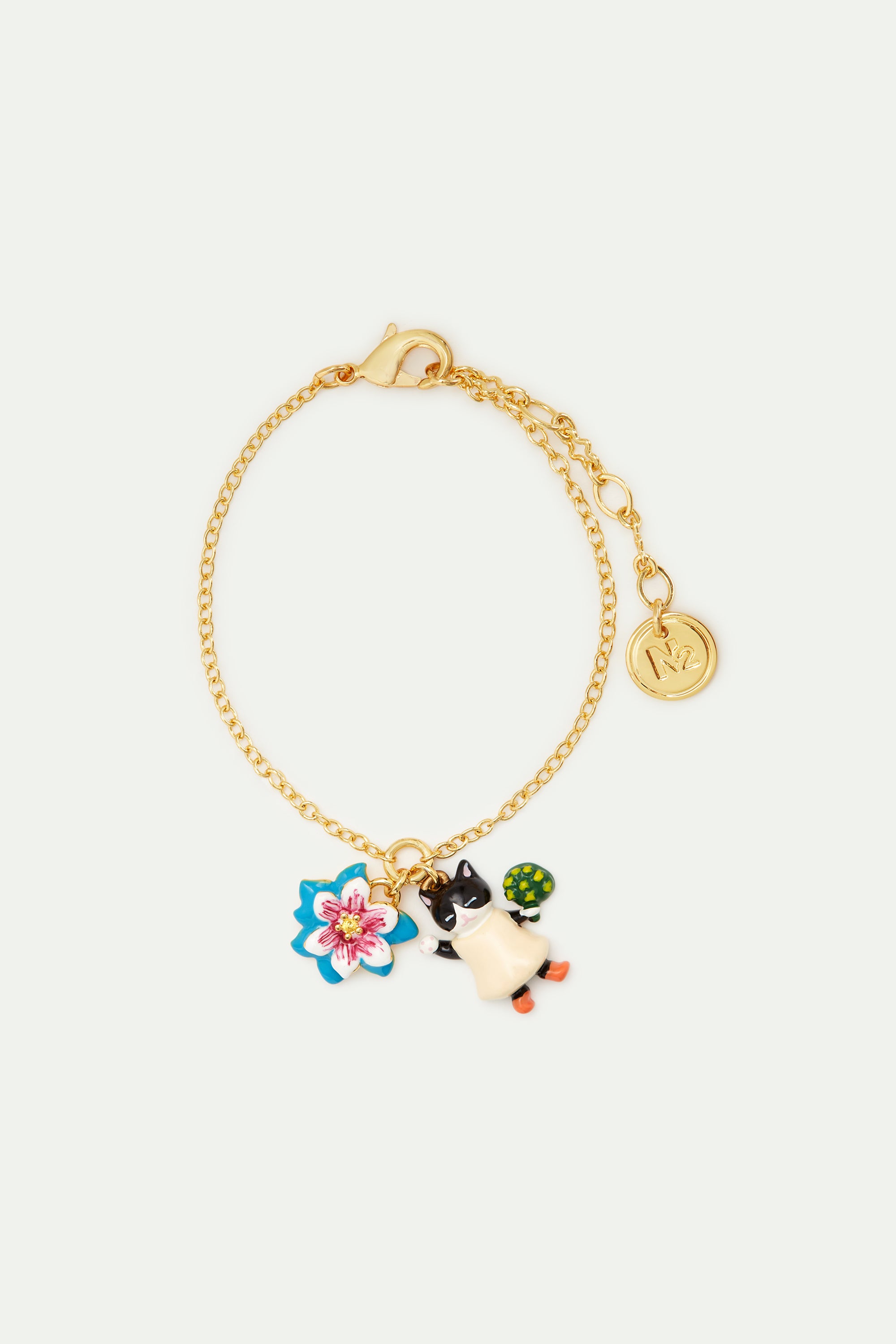 Blue flower and black kitten fine bracelet