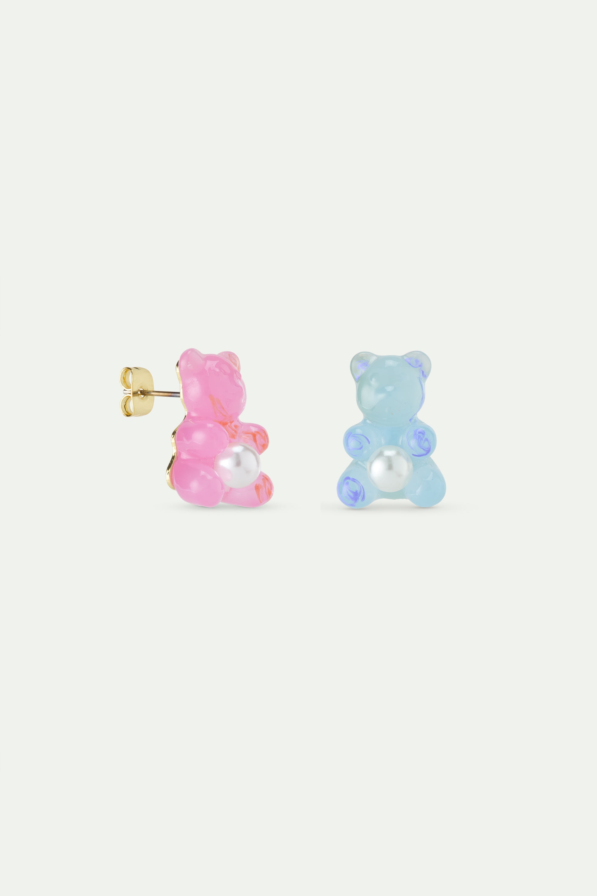 Pendientes ositos de gominola azul y rosa con perla de fantasía blanca