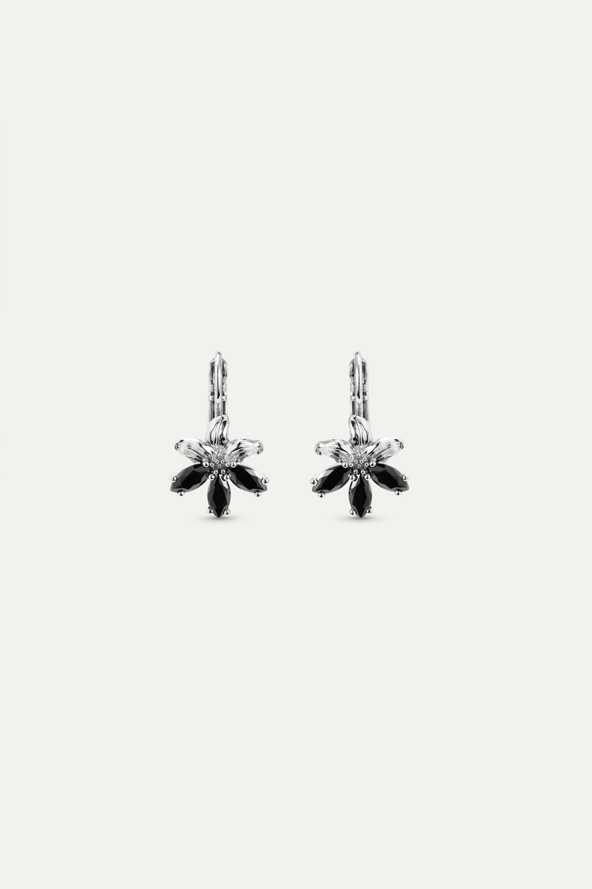 Silver lily and black stone sleeper earrings